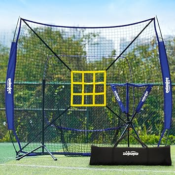 Zupapa 7x7 Feet Baseball Softball Hitting Pitching Net Tee Caddy Set with Strike Zone، Baseball Backstop Practice Net for Pitching Batting Catching لجميع مستويات المهارة