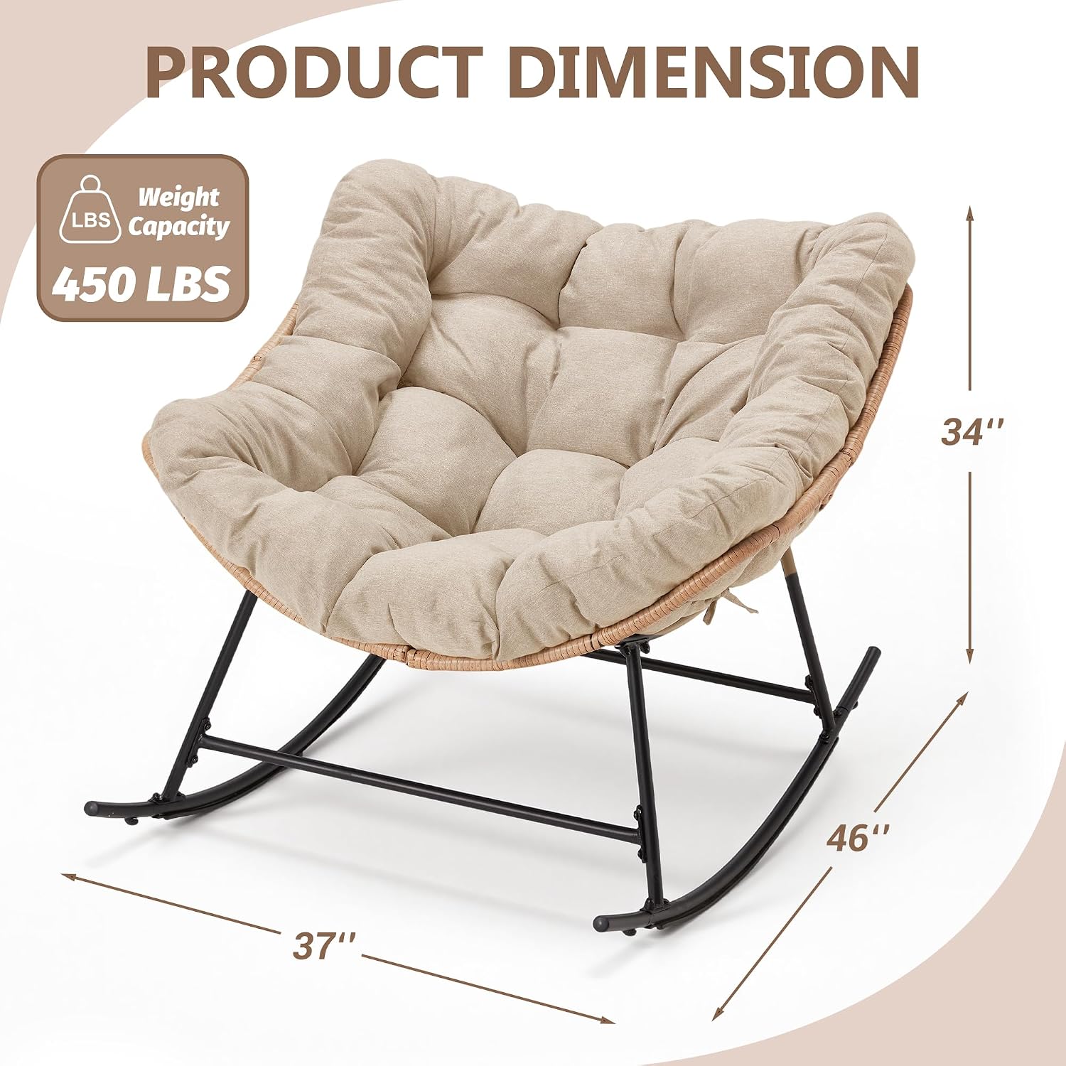 Outdoor Rocking Chair with Thick Cushion, Comfy Rattan Rocker Egg Chair Indoor with Straps, Patio Rocking Chair 450lbs for Garden, Balcony, Lawn, Backyard, Living Room, Bedroom