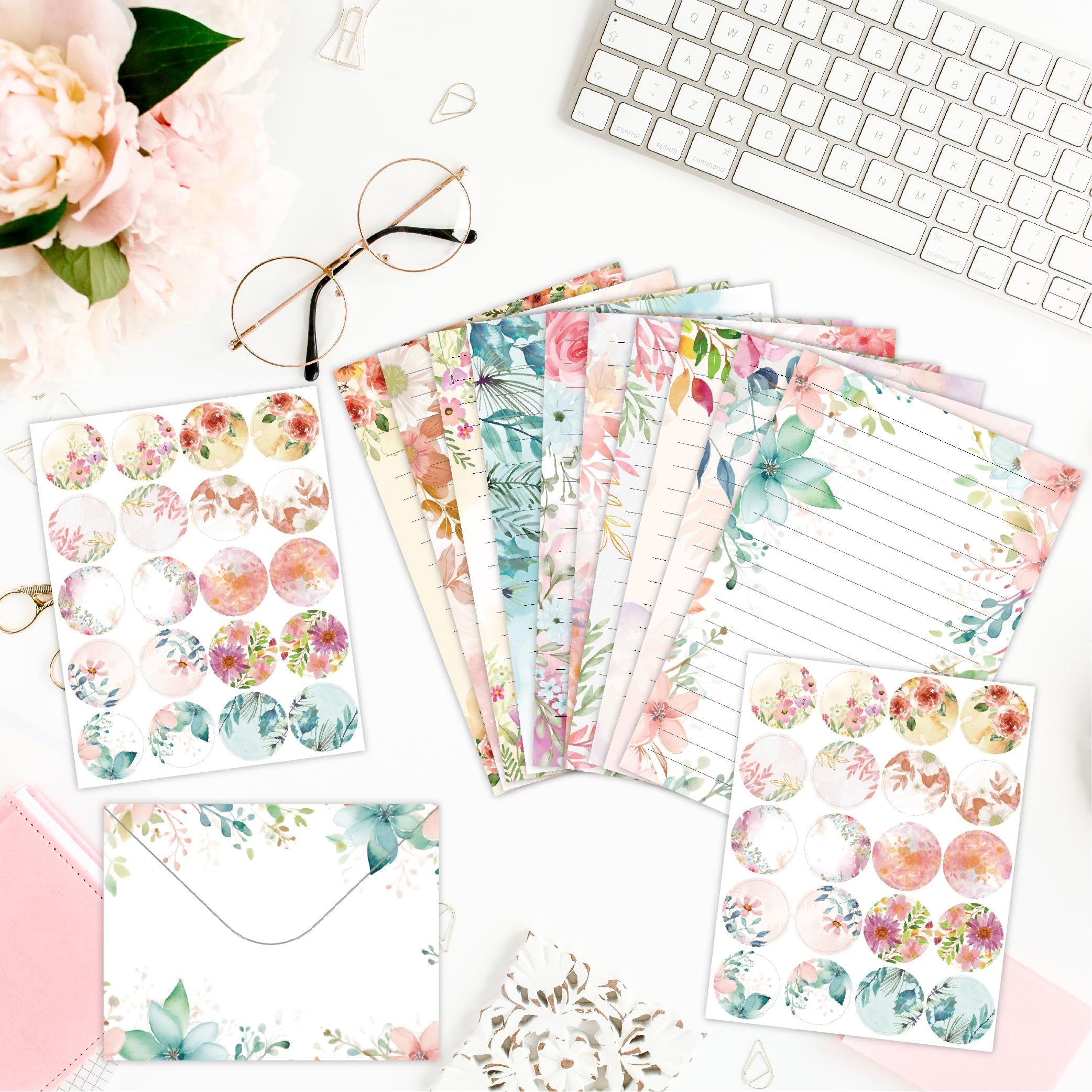Briefpapier-Umschläge-Set, 160 Stück, 50 linierte Briefpapier, 50 Umschläge, 60 Punkt-Aufkleber, Vintage/Blumen/Blatt/Aquarell, verschiedene Stile (Schreibwaren, 160 Stück, Floral)