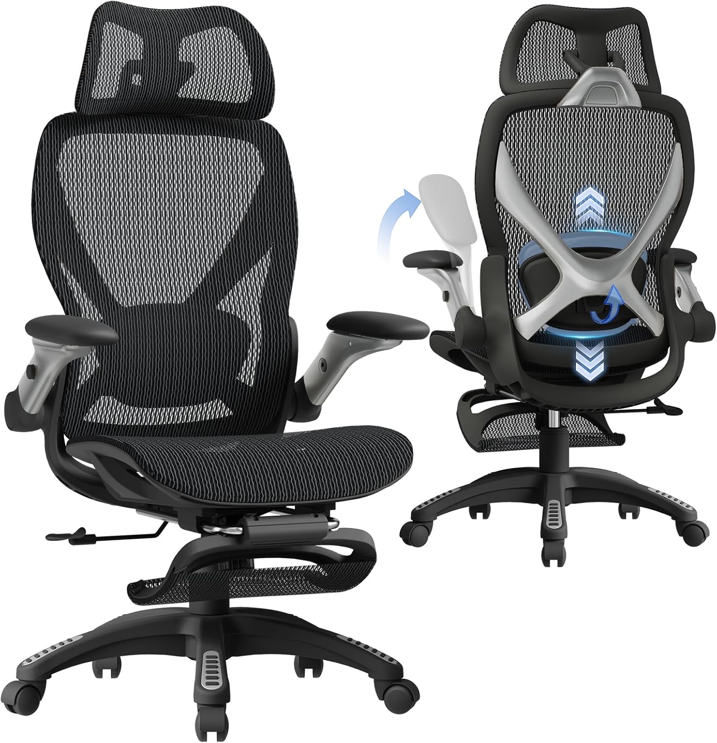 ELABEST X100 Ergonomic Mesh Office Chair with Footrest, Big and Tall Hone Desk Chair with 5D Flip-Up Arms, Adjustable 3D Lumbar Support,Gaming & Executive Computer Chairs - Thumbnail 2