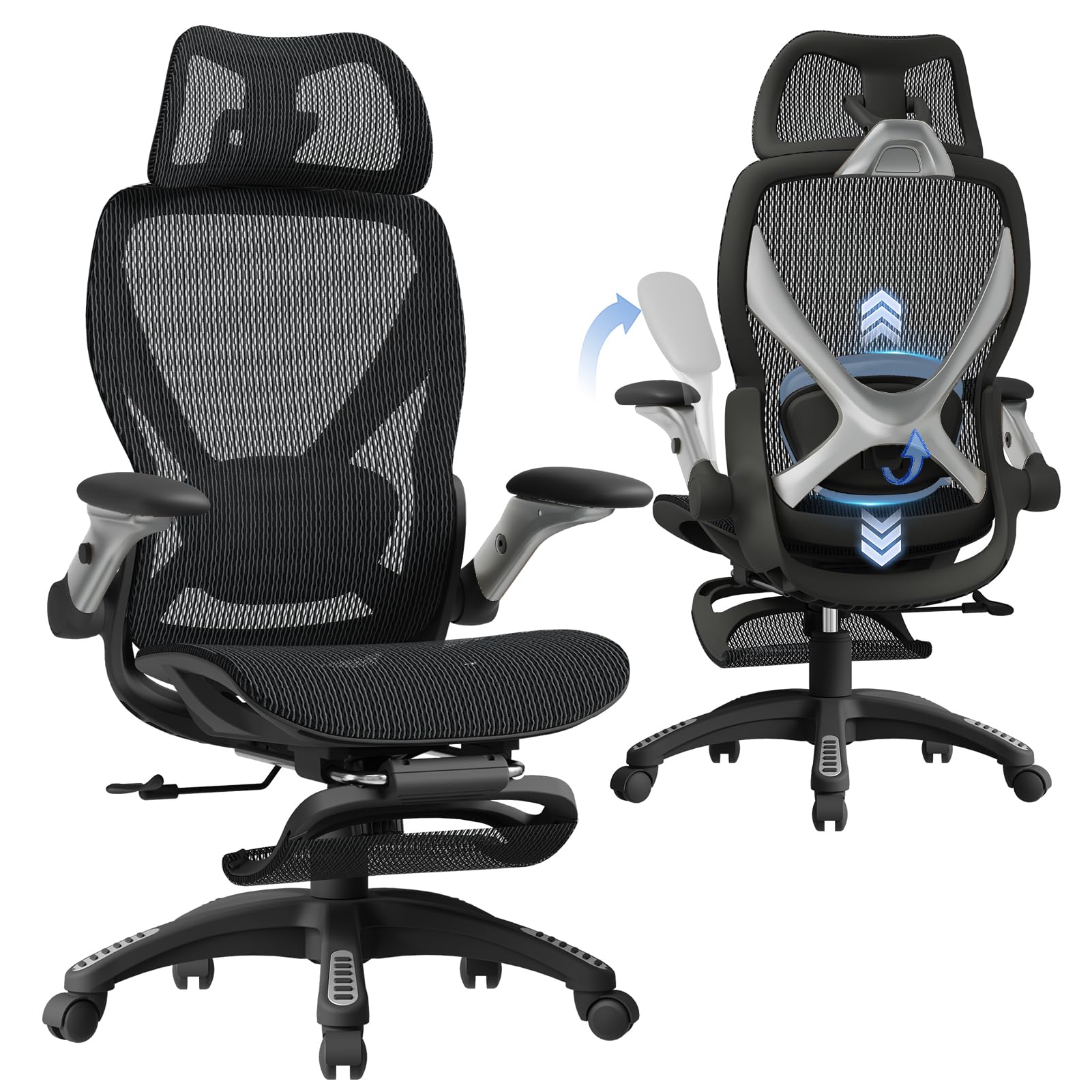 X100 Ergonomic Office Chair with Footrest, Big and Tall Home Desk Chair with 5D Flip-Up Arms, Adjustable 3D Adaptive Lumbar Support,High Back Rolling Computer Chair, Swivel Gaming Mesh Chairs