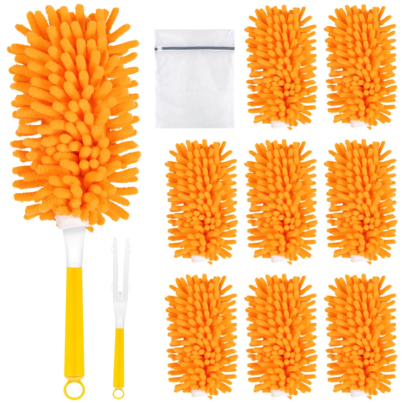 LOVECO 8 Staubwedel Waschbar mit Griff, passend für Swiffer Staubmagnet | 8 Nachfüllpack kompatibel mit Swiffer Duster, 1 Kurzgriff, 1 Wäschesack, Waschmaschine Chenille Tücher, Wiederverwendbar