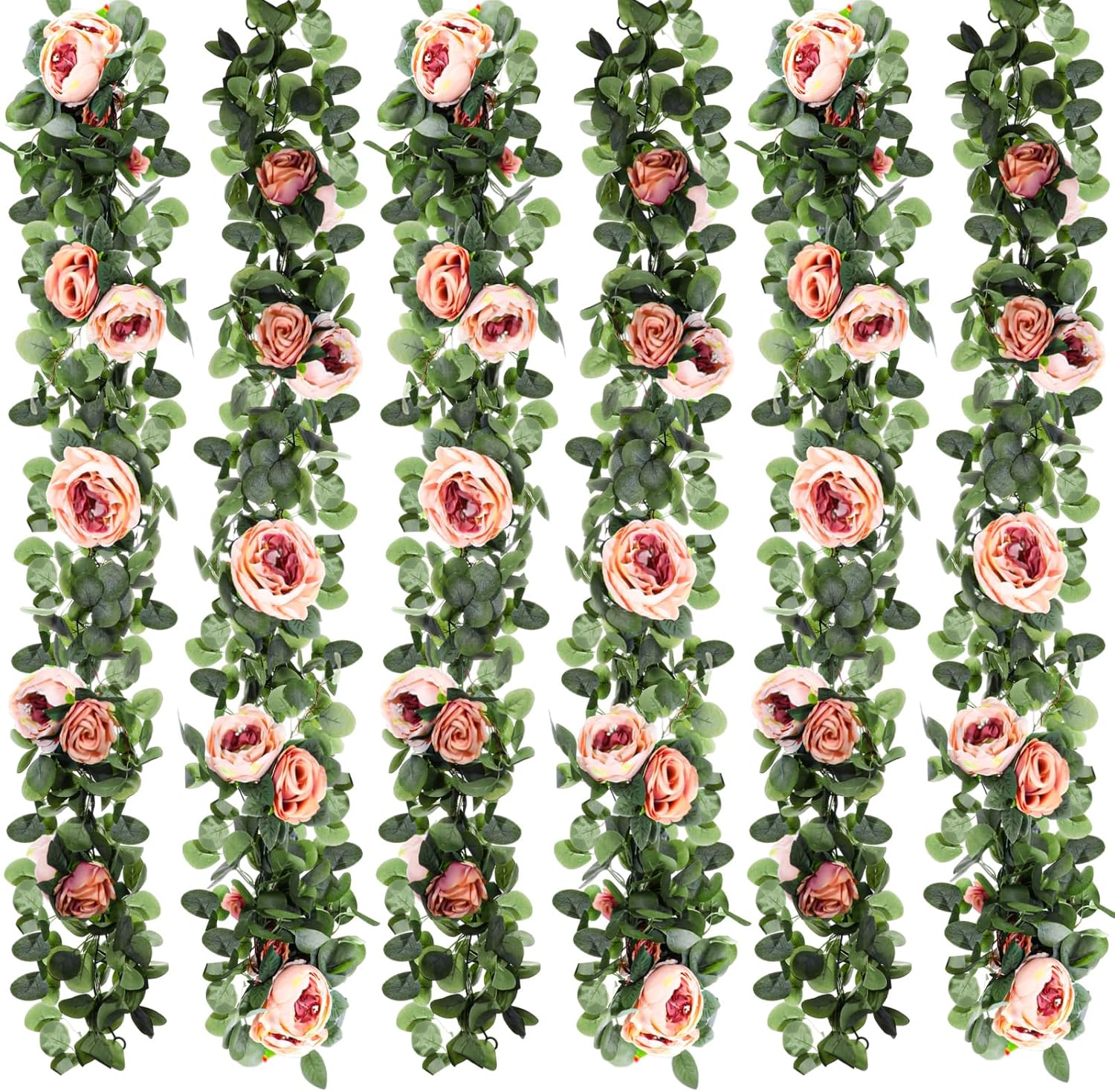 Lyrow 6 Pcs 5.74 ft Eucalyptus Garland with Flowers Artificial Flower Garland Pink Peony Rose Flower Floral Garland Decoration Vine Greenery Peony Wall Hanging Plant for Wedding Christmas Wall Arch