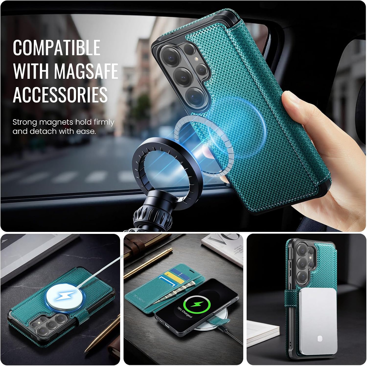 for Samsung Galaxy S26 Ultra Wallet Case Compatible with Magsafe, Magnetic RFID Blocking Card Holder Women Men Shockproof Wallet Phone Cover for Galaxy S26 Ultra 6.9", Bluish Green