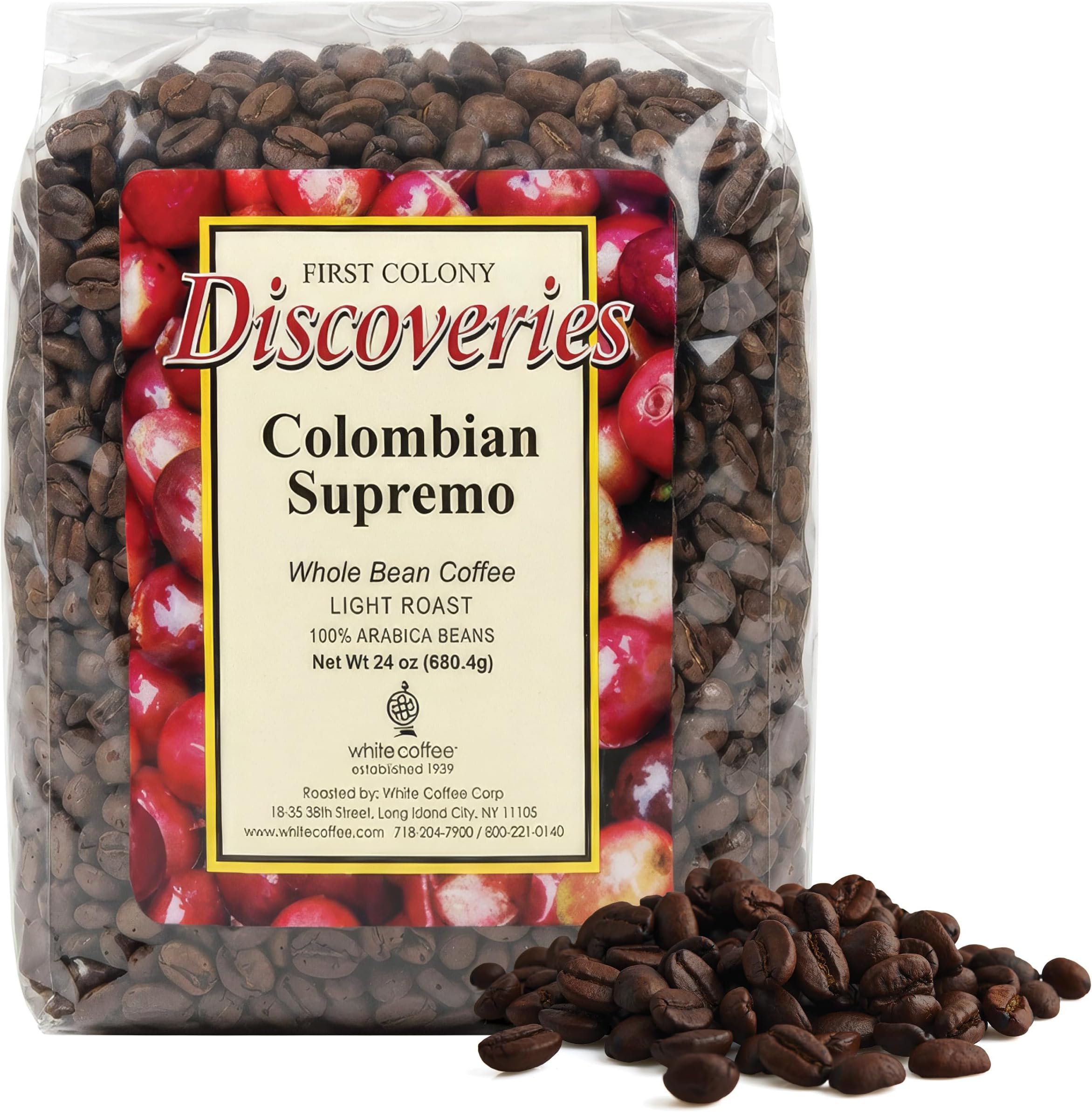 First Colony Colombian Whole Bean Coffee, Colombian Supremo, Light Roast, 100% Arabica Beans, 24oz Bag, Mild Chocolate & Nutty Flavor for Home Brewers & Cafรฉs, Hand-Roasted in the USA Since 1902