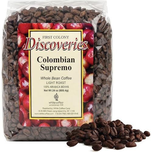 First Colony Colombian Whole Bean Coffee, Colombian Supremo, Light Roast, 100% Arabica Beans, 24oz Bag, Mild Chocolate & Nutty Flavor for Home Brewers & Cafés, Hand-Roasted in the USA Since 1902