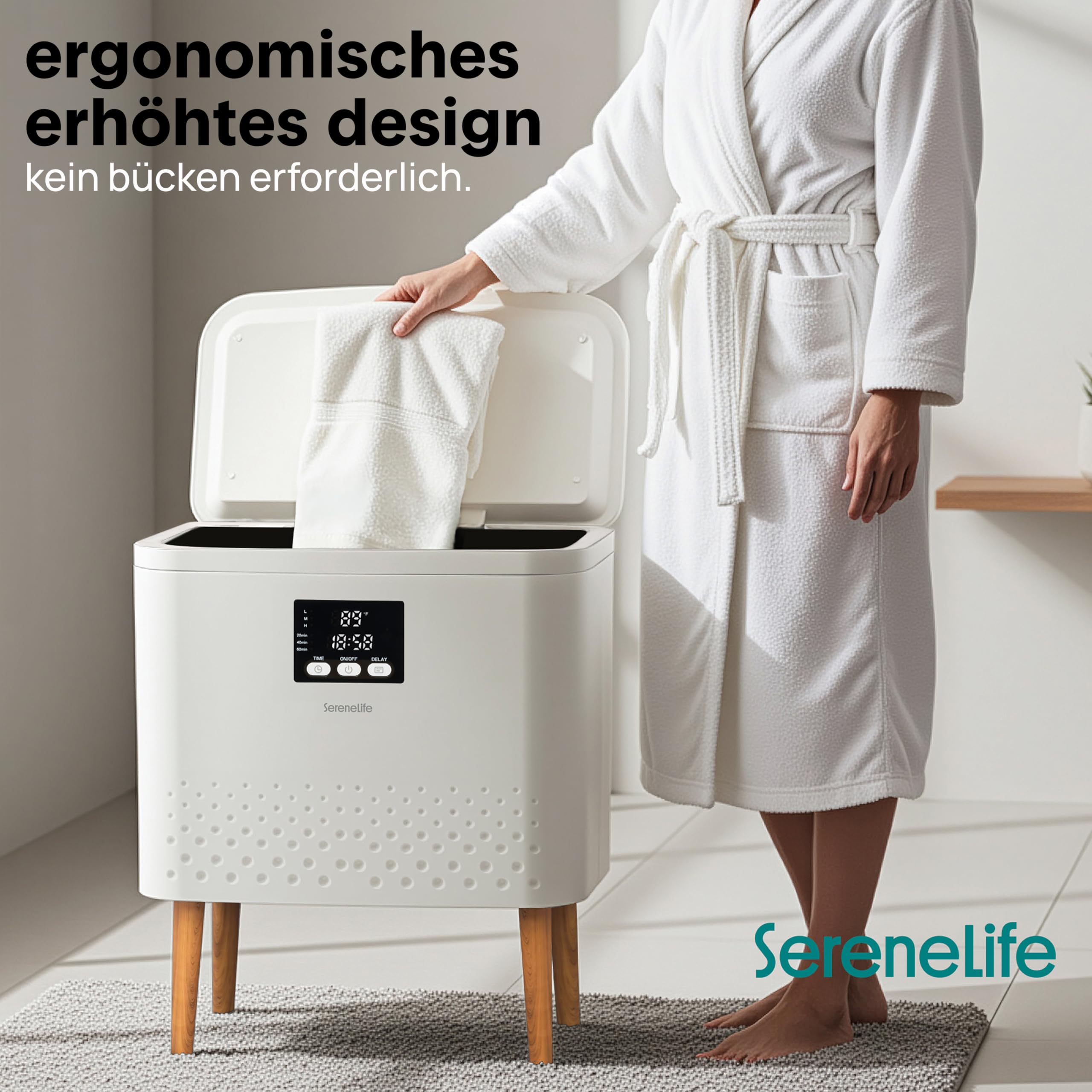 SereneLife Handtuchwärmer Eimer- 20L Elektrisch Stehend, Handtuchtrockner und Deckenwärmer mit Timer und Temperaturregelung, Weiß/Natural Design