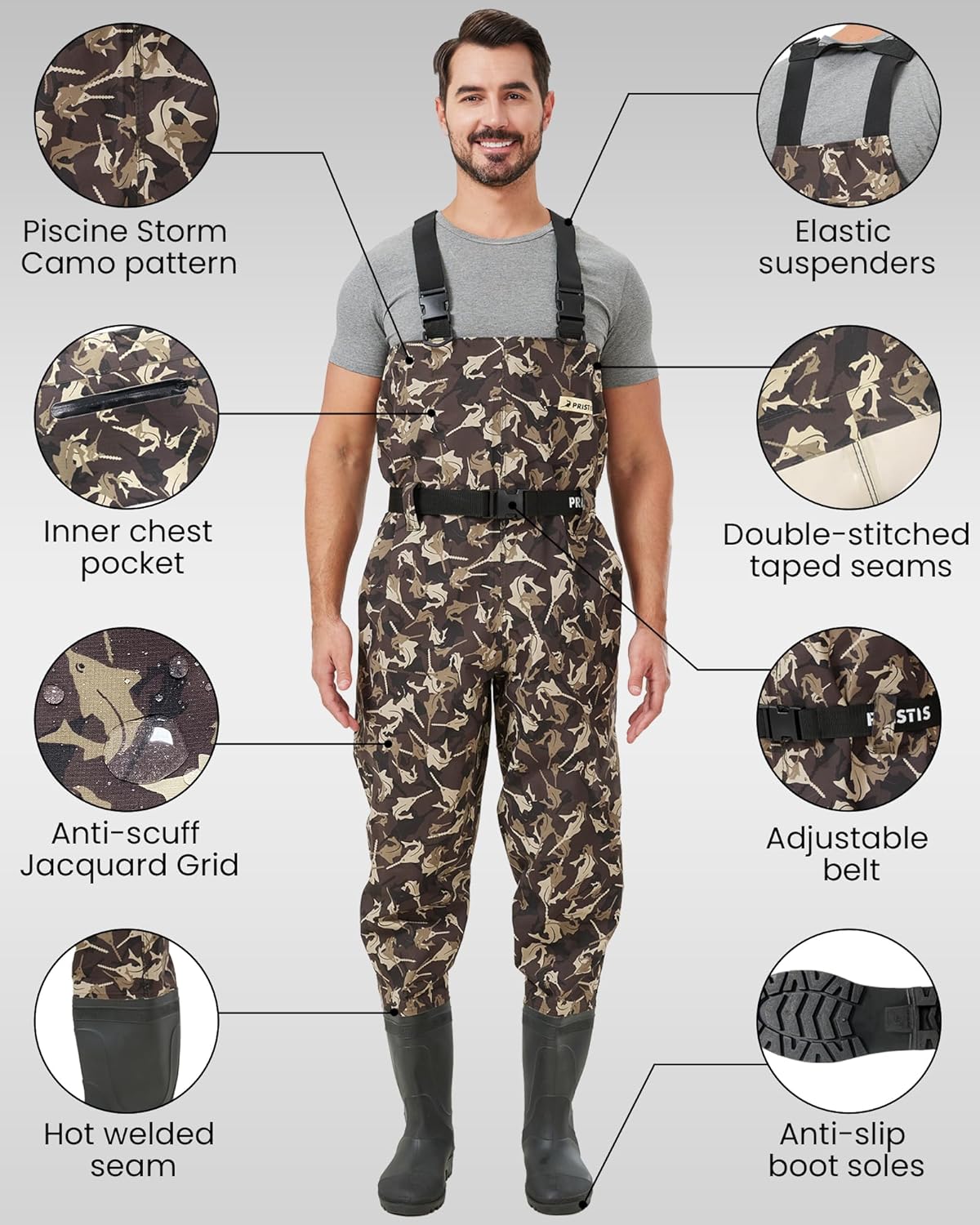 Pristis Piscine Storm Chest Waders, 2-layer Anti-scuff Jacquard Grid Waterproof Overalls for Men Women, Hunting Fly Fishing