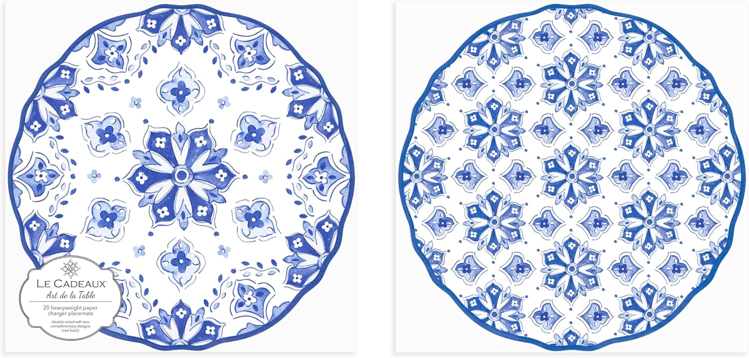 Le Cadeaux Scalloped Edge Double Sided Disposable Paper Charger Placemat 15 inch (pack of 20), Moroccan Blue