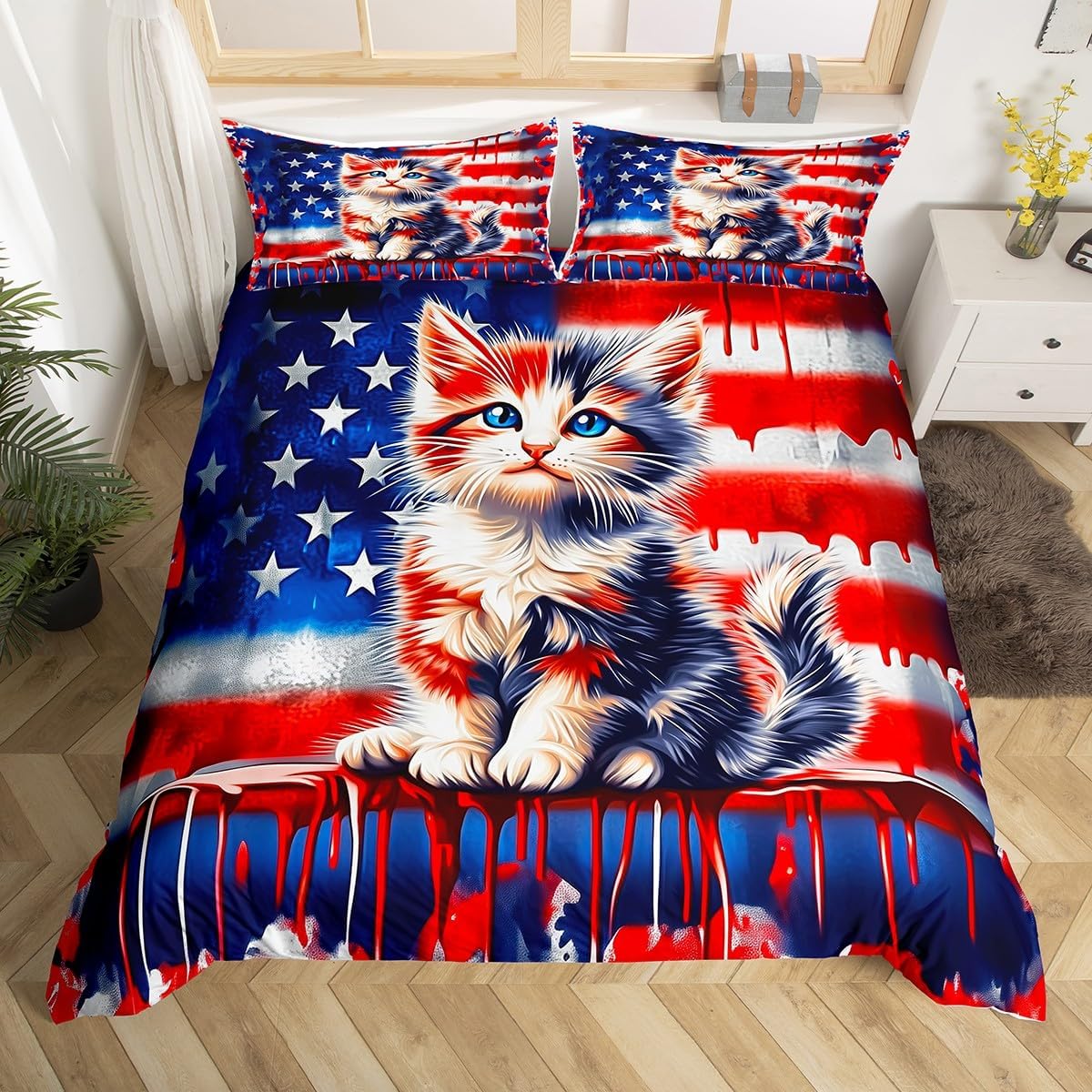 Manfei Cute Cat Bedding Set Twin Size,American Flag Duvet Cover with 1 Pillow Sham Comforter Cover(No Filler) for Kids,Red Blue Tie Dye Duvet Cover Set Decorative 2 Pcs