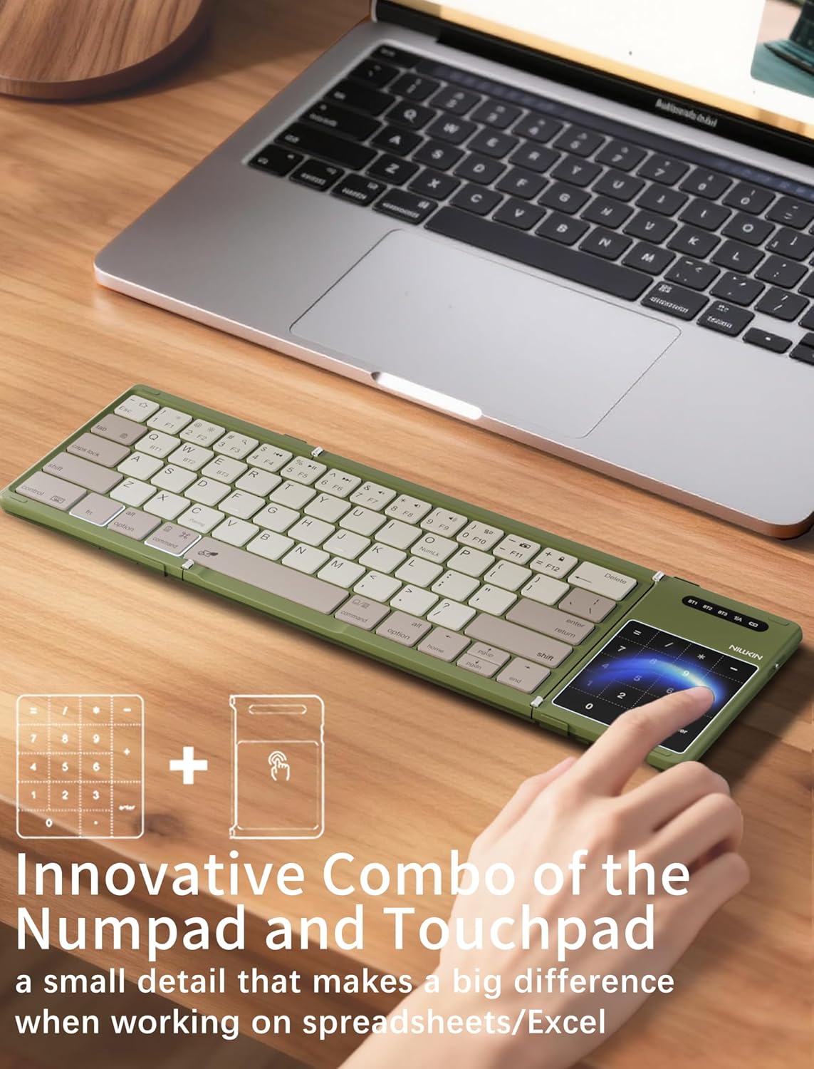 nillkin upgraded foldable bluetooth keyboard with touchpad & number pad, portable wireless keyboard for travel, pocket-sized, full size keys, support 3 devices for ipad laptop tablets phone, green