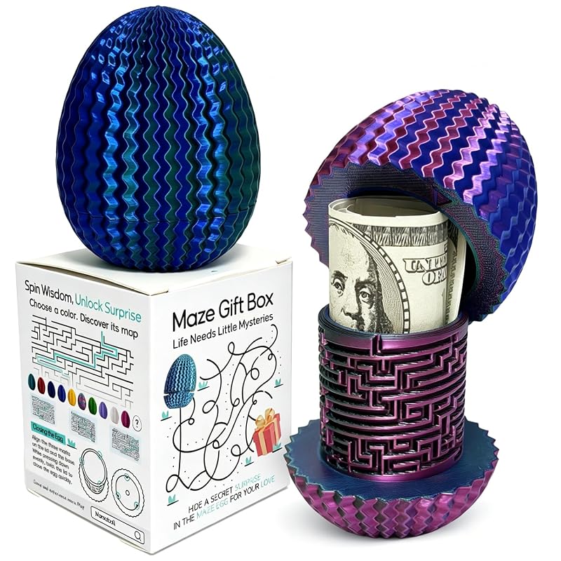 Money Puzzle Box for Cash Gift Card Holder - Reusable Secret Safe with 4 Unique Maze Egg Designs, 3D Printed Brain Teaser Game for Teens Adults, Easter Birthday Christmas Stocking Stuffer