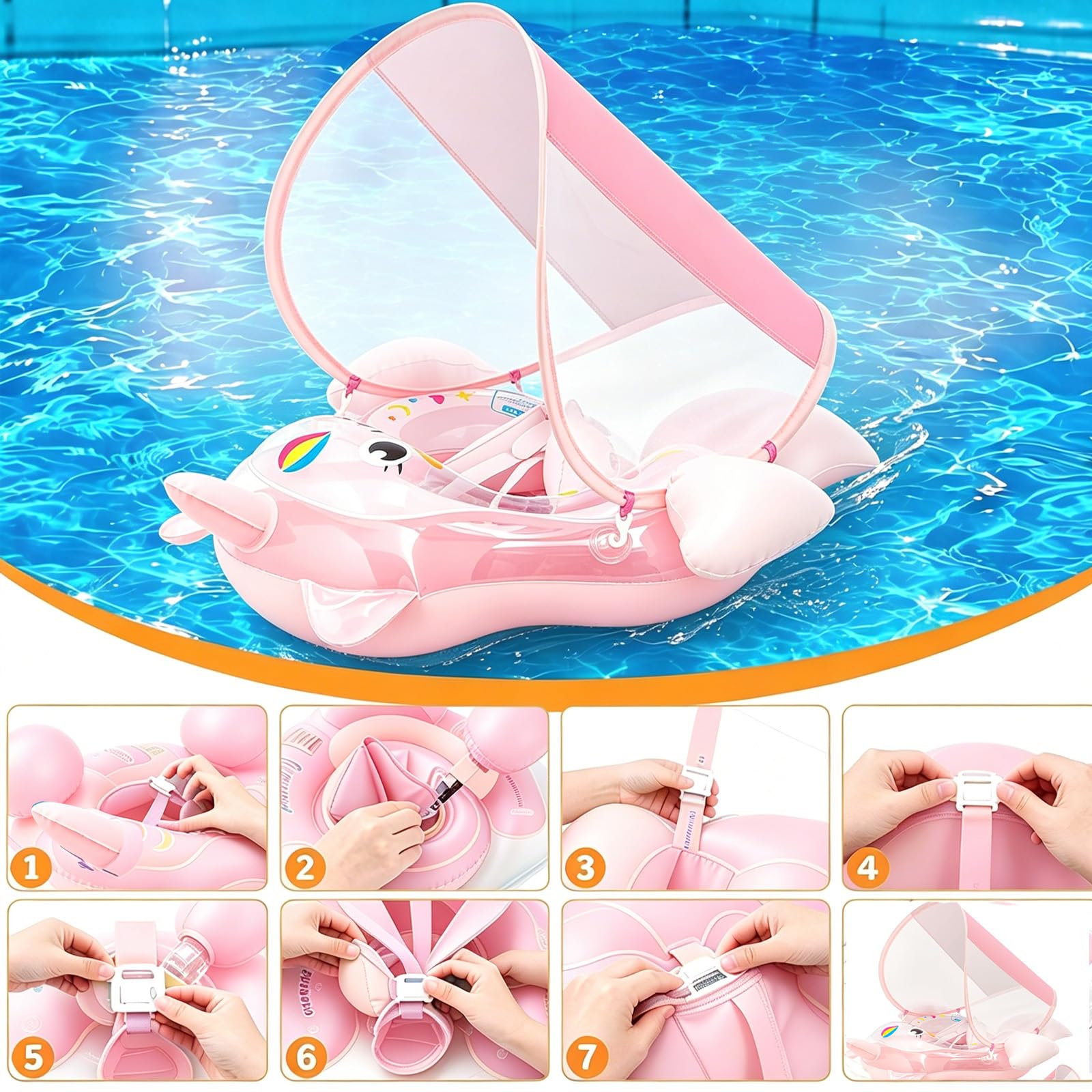 Schwimmring Baby mit Sonnendach Entfernbar ab 3-24 Monate,Einhorn Hai Schwimmhilfe Schwimmreifen Baby Pool Float with Canopy, Sonnenschutz UPF50+,Verstellbare Schwimmen Schwimmtrainer für Kleinkind