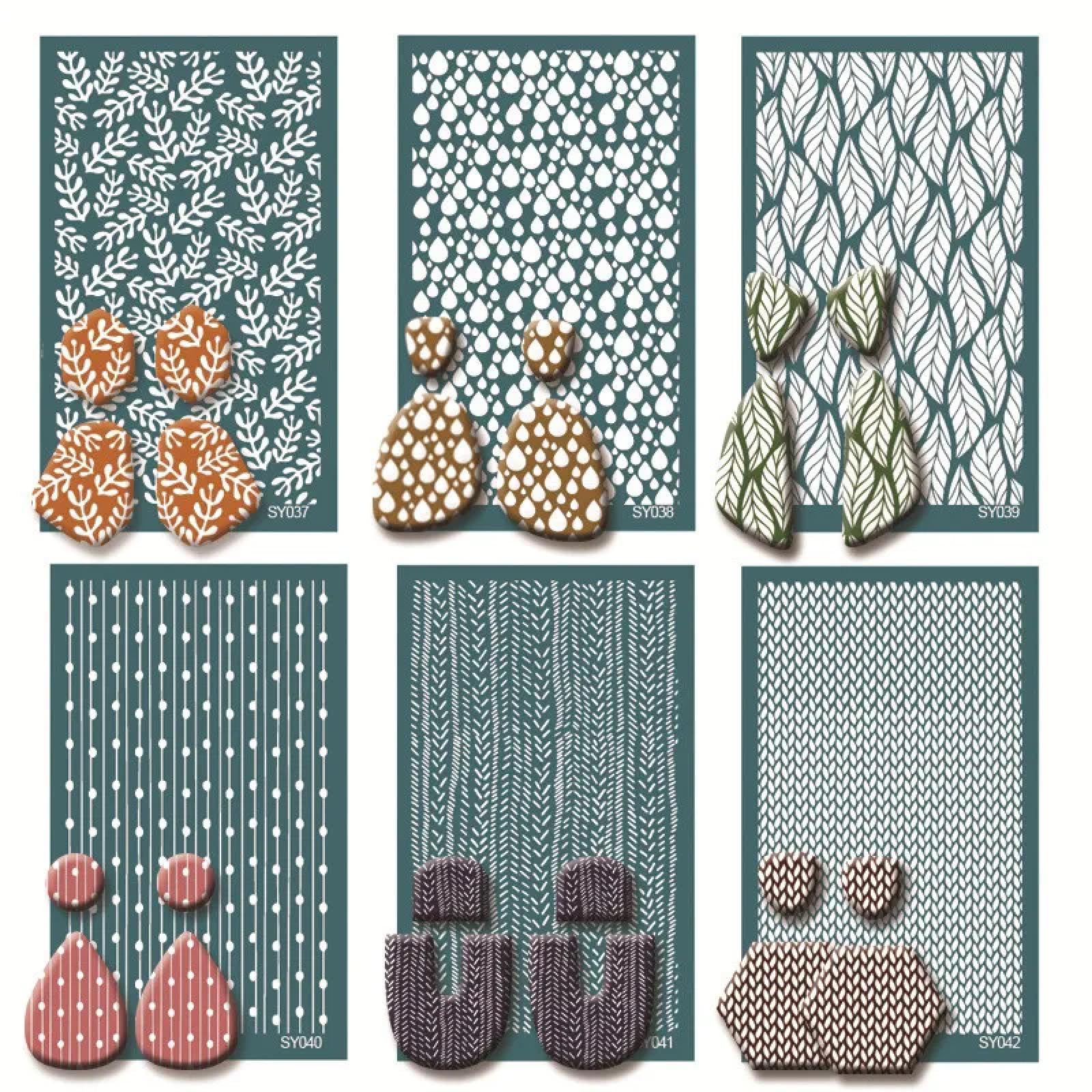 MANGOUSONG Screen Printing Kit,9x15cm Polymer Clay Silk Screen Stencils Reusable Silkscreen Print Kit for Printing Clay Stamps Jewelry Earrings Decoration Template Style 26
