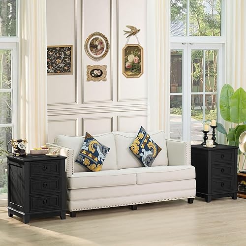 Miniatura 129 de Juego de 2 mesitas de noche estilo granja de 18" con estación de carga, cómoda con mesa auxiliar de 2 cajones para dormitorio, mesita de noche de