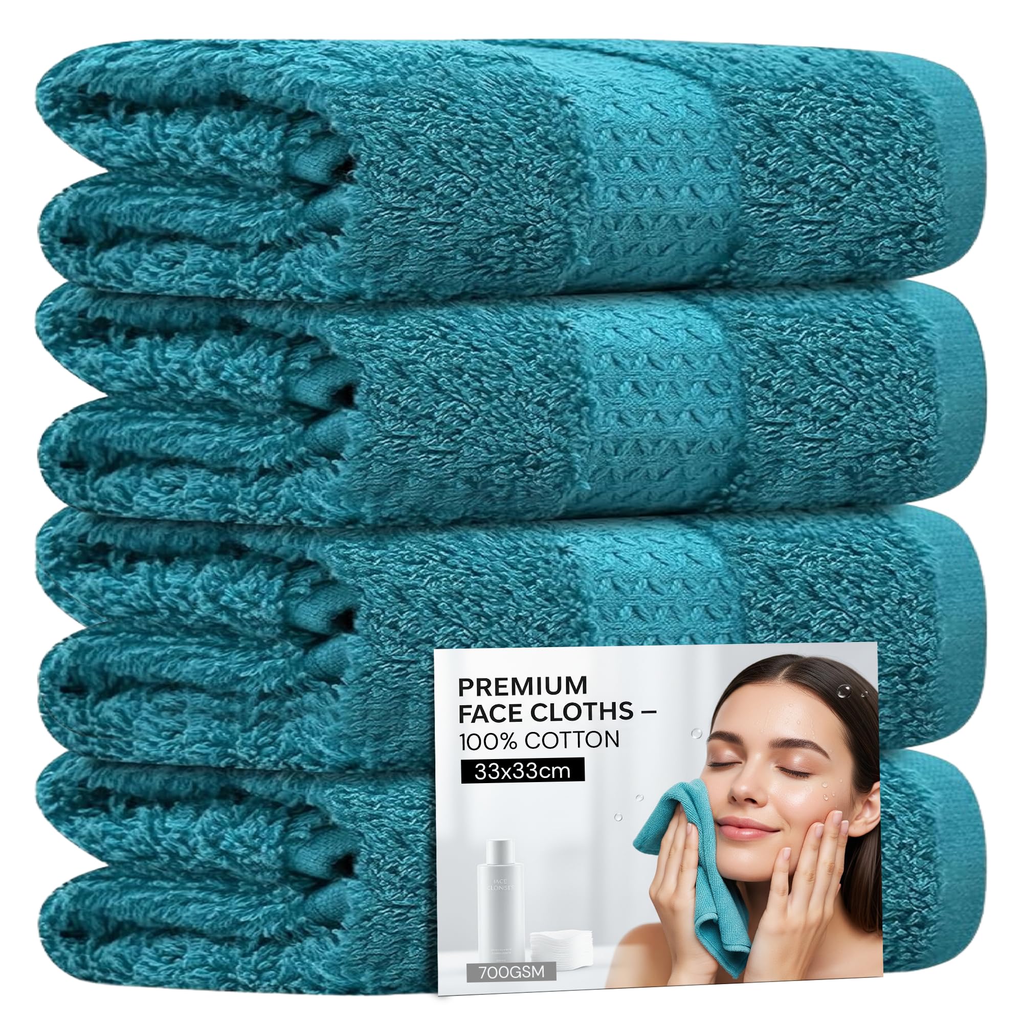Towelogyยฎ 4 Pack Face Cloths โ 100% Combed Cotton Flannels 33x33cm โ Soft Facial Towels for Cleansing, Makeup Removal & Skincare (4, Turquoise)