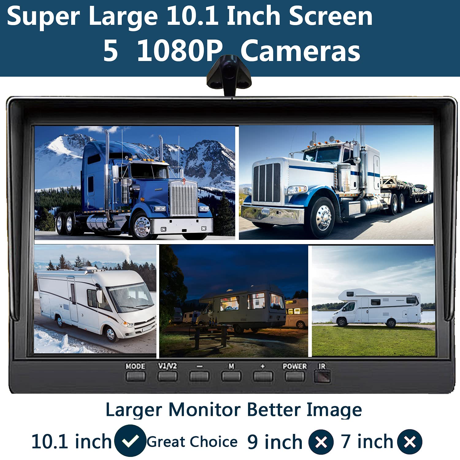 5 Split Large 10.1 inch 1080P Screen Backup Camera Audio Monitor & Built-in 128GB DVR Dash Cam for RV Truck Trailer Rear Side Front Reversing View Wired System Image Waterproof Avoid Blind Spot