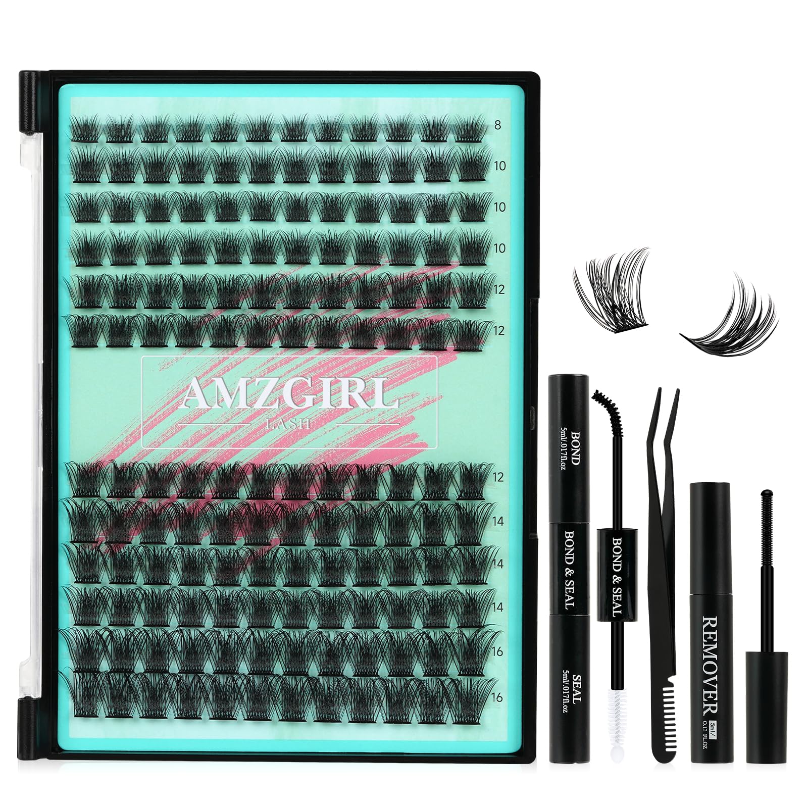Lash Clusters Kit,144Pcs Eyelash Extension Kit Midnight with Lash Bond and Seal,Lashes Extensions Kit Lash Applicator Tool for Eyelashes Cluster Kit by AMZGlRL(D-Mix8-16mm Kit)