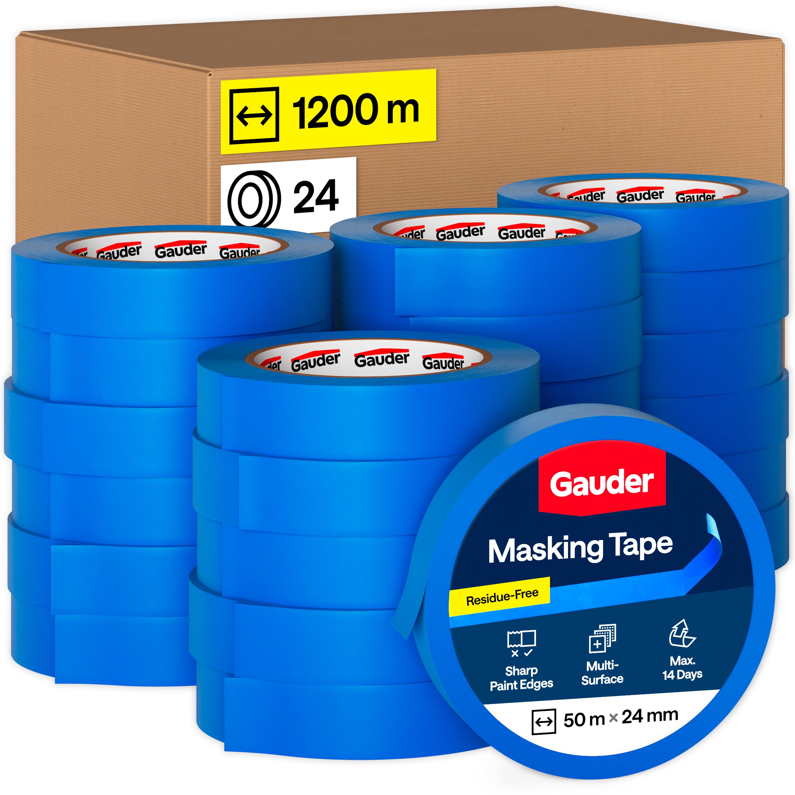 GAUDER Masking Tape for Painting - Blue Painters Tape for Precise Edges - Paint Tapes for Painting - Decorators Tapes for Renovating, Automotive, Art and DIY Projects (24 Rolls - 24 mm x 50 m) — image 1