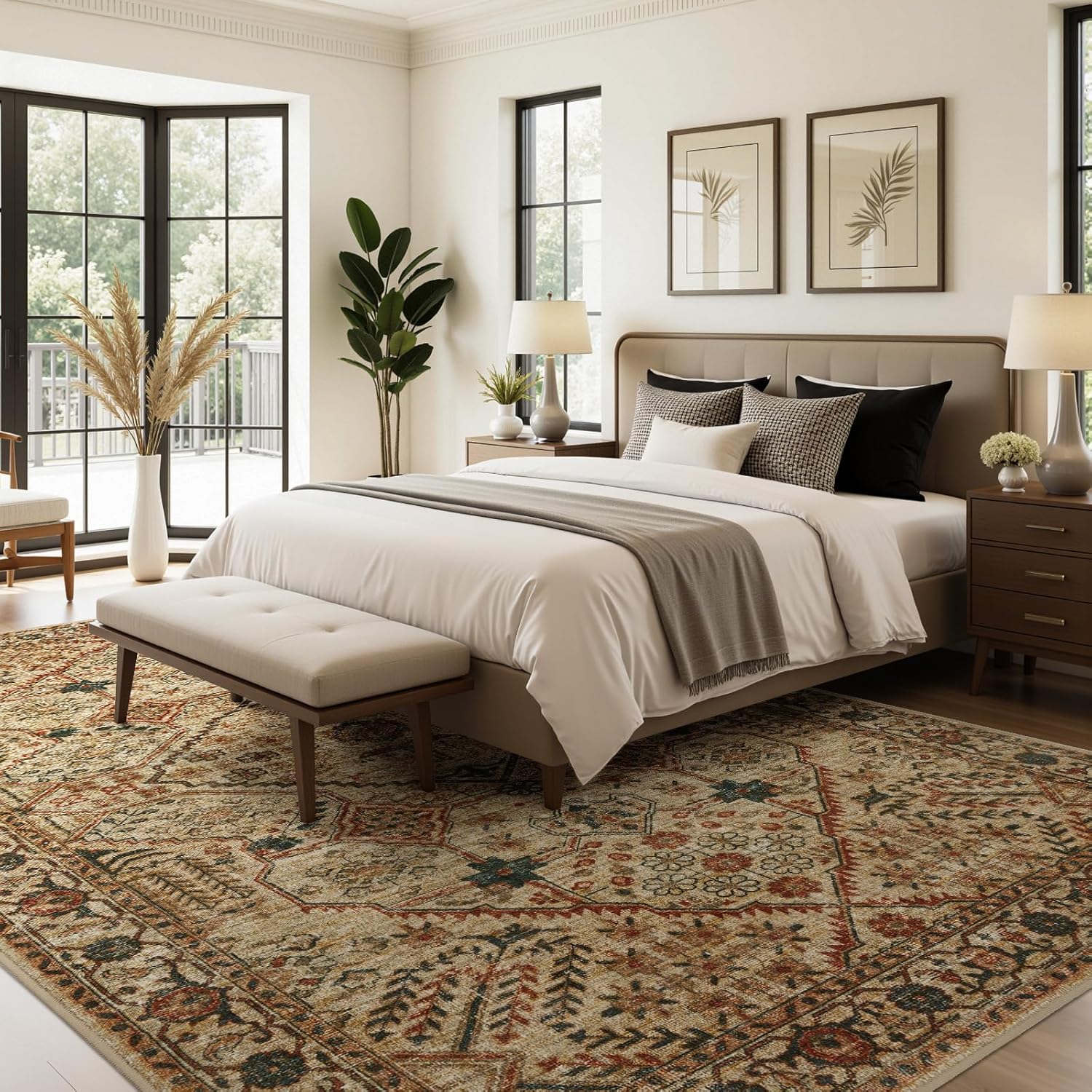 Joydeco 5x7 Area Rugs for Living Room, Machine Washable Vintage Area Rugs, Low Pile Non Slip Carpet, Lightweight Chenille Print Rug for Bedroom, Dining Room, Home Office, Tan - Image 6