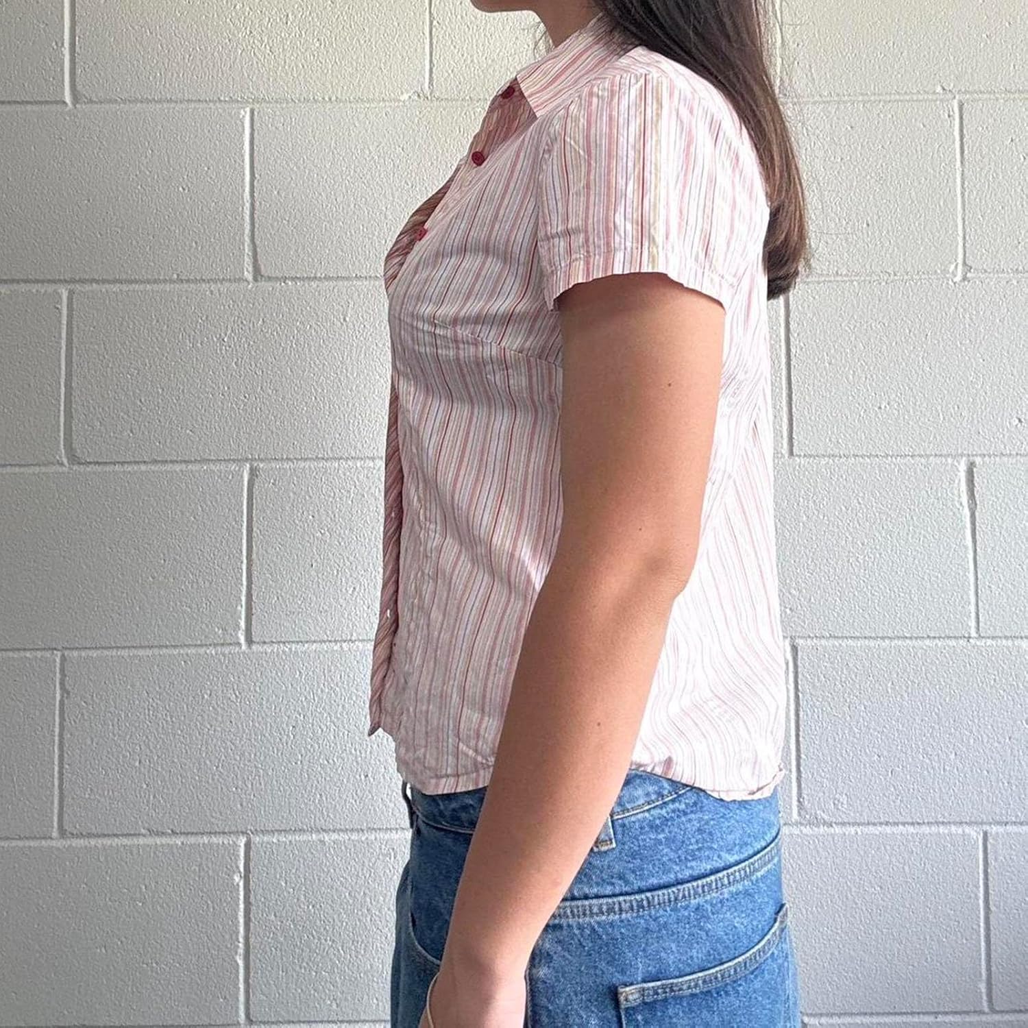 Womens Button Down Shirts Y2k Striped Short Sleeve Tight Blouse Casual V Neck Aesthetics Clothes - Image 2