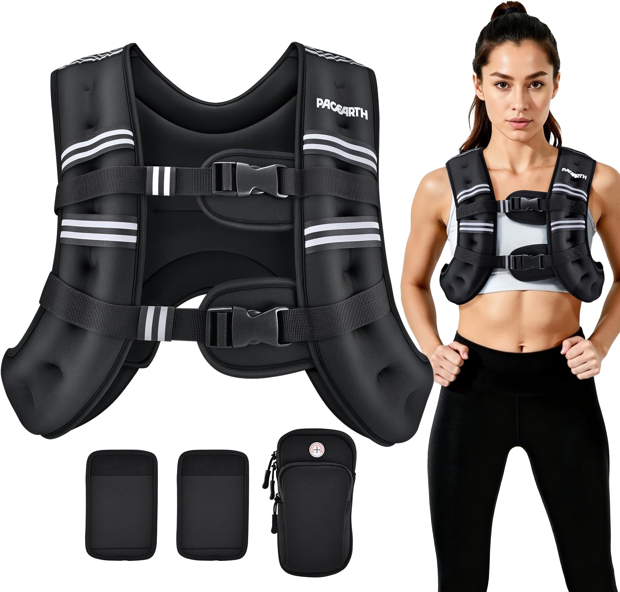 PACEARTH Weighted Vest,4lb/6lb/10lb/12lb/16lb/20lb/25lb/30lb Weight Vest with Reflective Stripe, Body Weight Vests Adjustable for Men, Women Workout, Strength Training, Running, Walking, Jogging