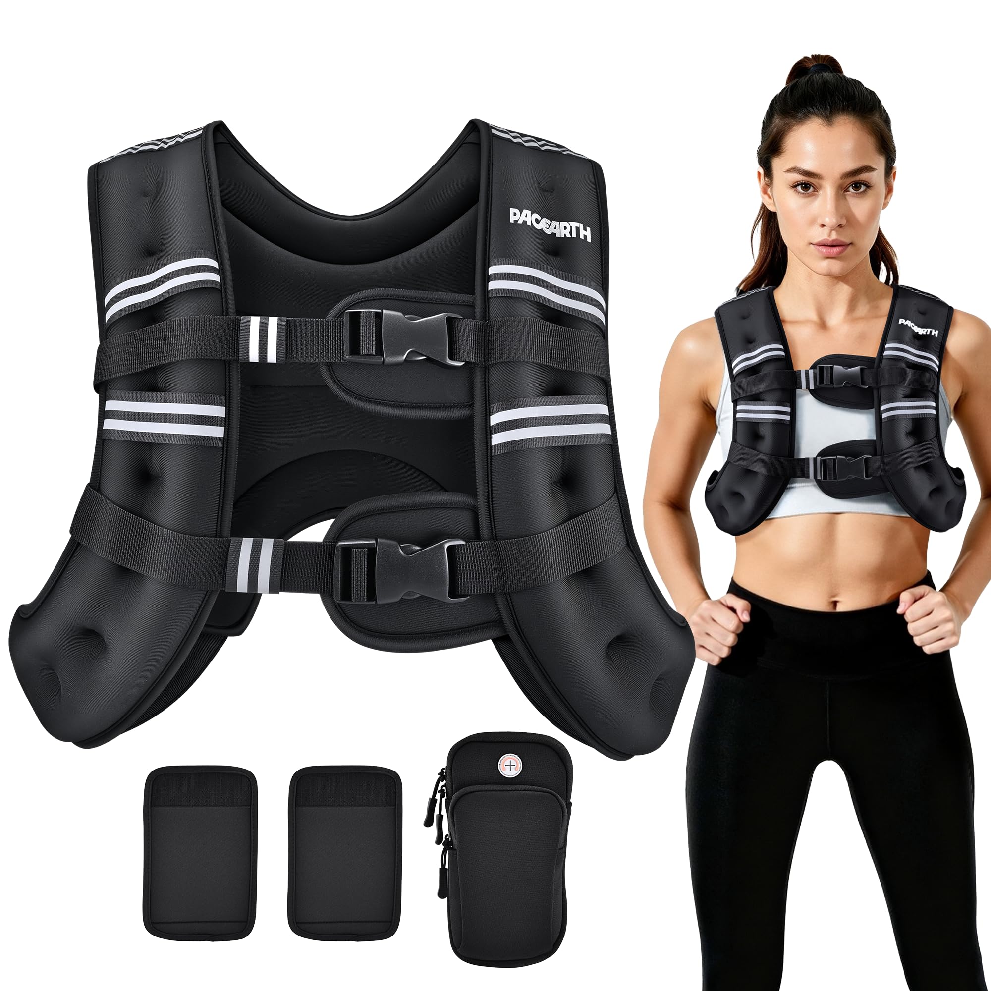 PACEARTH Weighted Vest,4lb/6lb/10lb/12lb/16lb/20lb/25lb/30lb Weight Vest with Reflective Stripe, Body Weight Vests Adjustable for Men, Women Workout, Strength Training, Running, Walking, Jogging