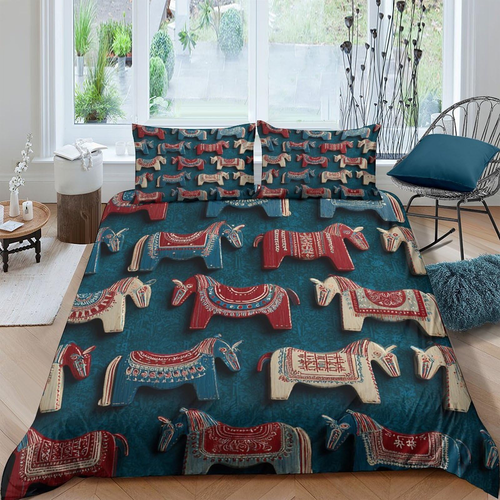 Ctjqhvkz Style-7 3D Printed Nordic Horse Fitted Sheet Microfiber Soft Blue Red Folk Art Bed Cover For Bedroom Dorm Decor Single（135X200cm）