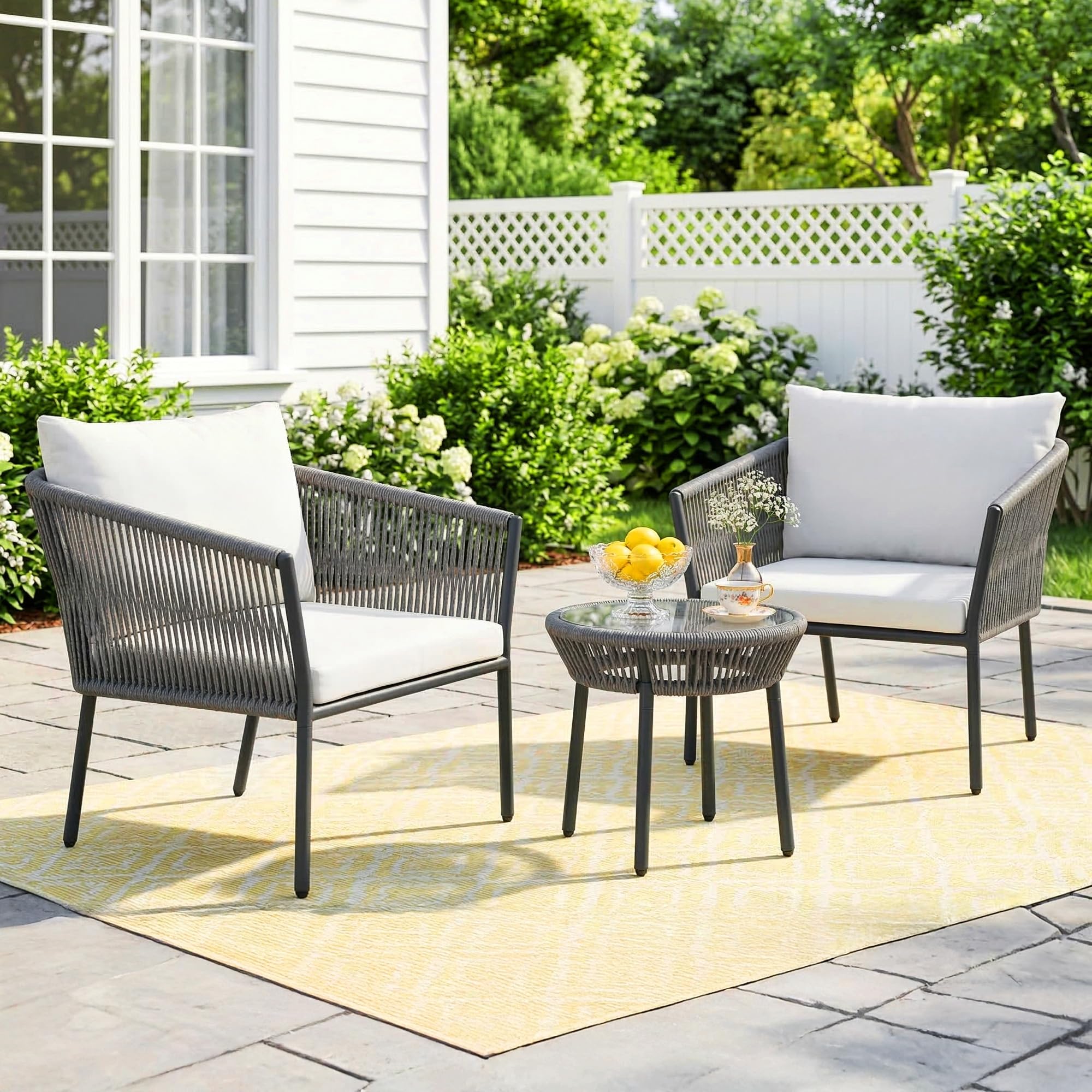 3 Piece Patio Rope Set Outdoor Woven Rope Conversation Balcony Furniture With Glass Top Table And Cushioned Chairs For Garden (Grey And White), (76 X 89 X 65Cm)