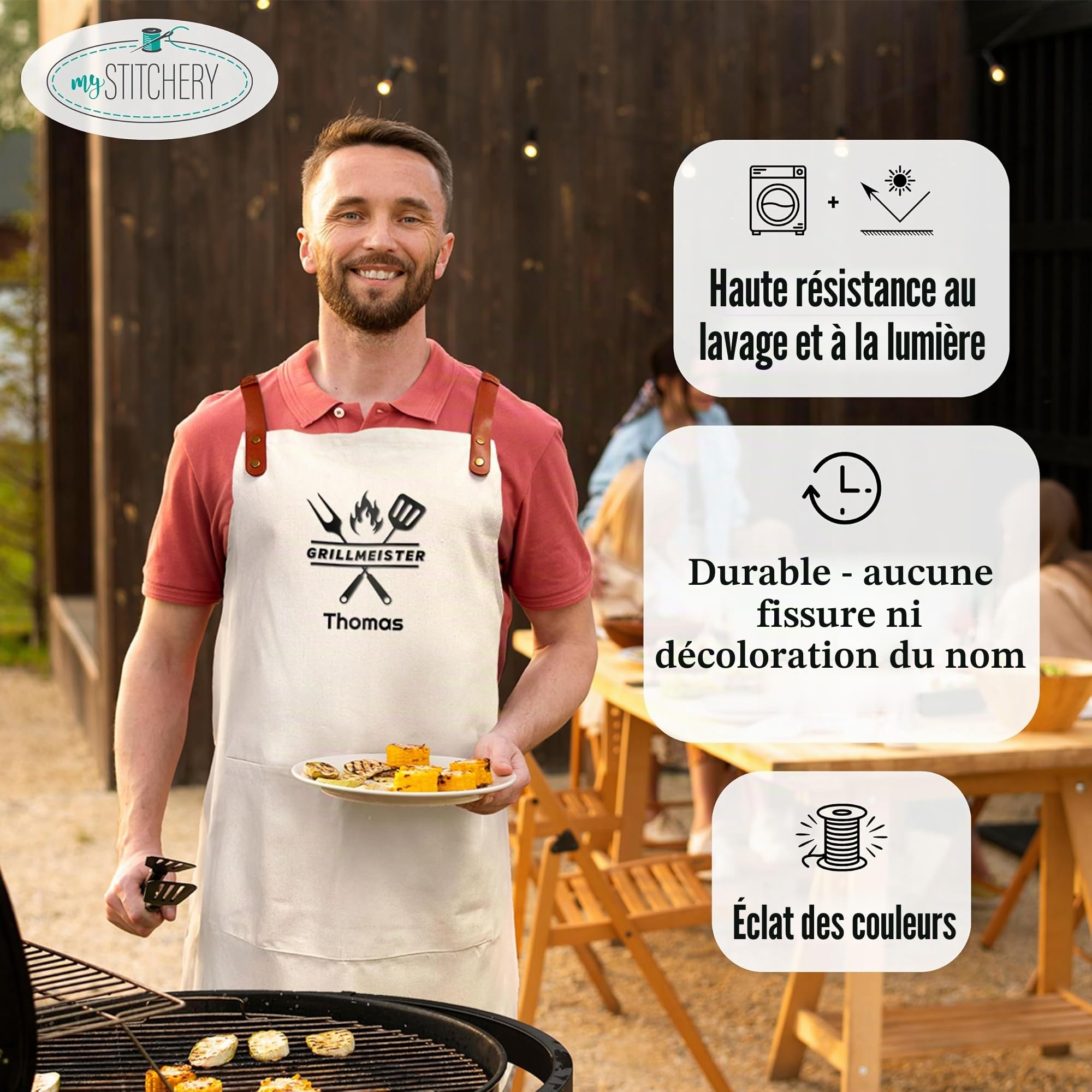 Tablier de barbecue personnalisé avec motif et texte brodé – Tablier de cuisine personnalisé en coton de qualité supérieure comme cadeau spécial