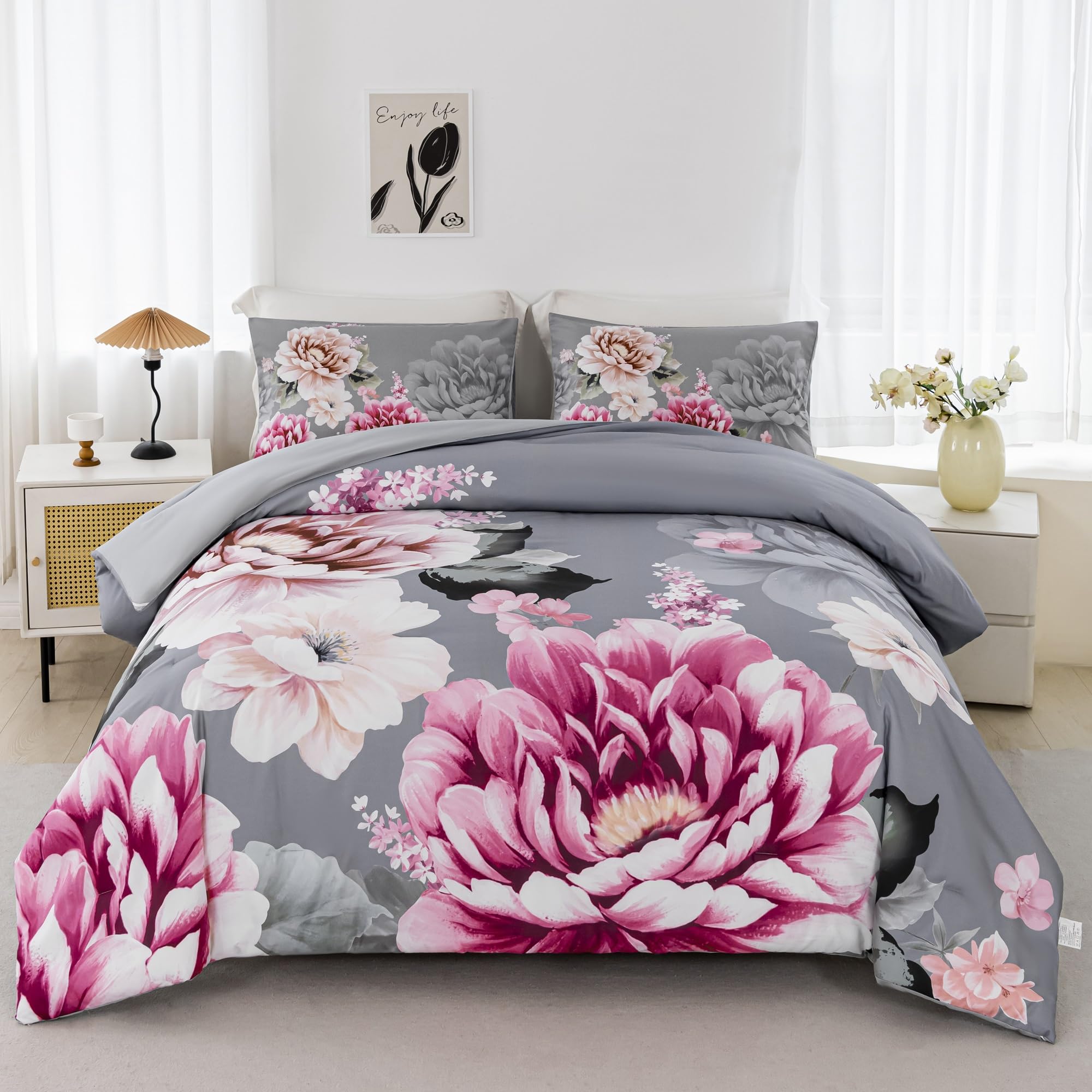 Photo 1 of RYNGHIPY Grey Bed Comforter Set Queen Size 3 Pieces Pink Flowers Printed Bedding Set Soft Microfiber Comforter Sets with 1 Comforter 2 Pillocases (Grey,Queen Size)