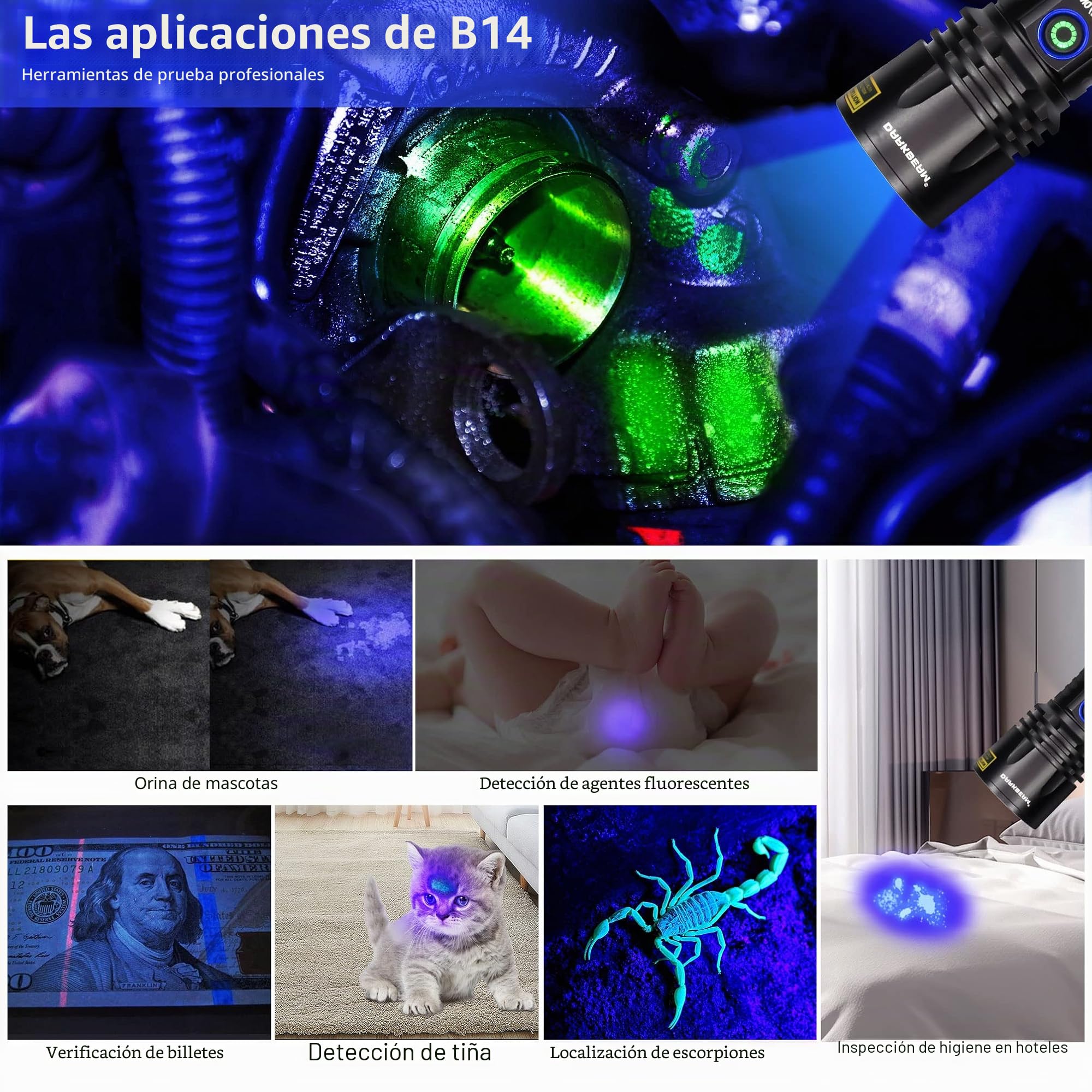 DARKBEAM Ultravioleta Luz UV 365nm Linterna Lamparas LED Negra, USB-C Recargable Potente 20W Blacklight 370nm Portátil - Detector para Orina de Mascotas, Billetes, Epoxy Resina, Escorpión, Minerales