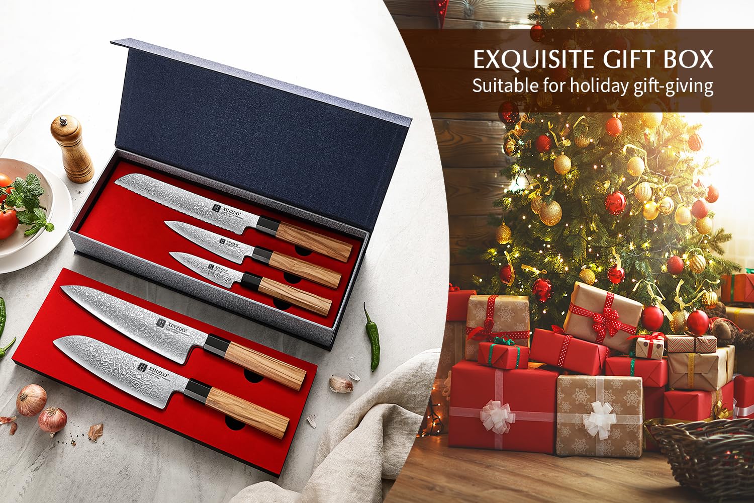 XINZUO Set Cuchillo Cocina 5 Piezas Acero de Damasco Juegos de Cuchillo de Cocinero,Forjado Profesional Hojas Afiladas Cuchillo de Damasco-Chef Santoku Pan Universal Fruta-Mango de Madera de Olivo