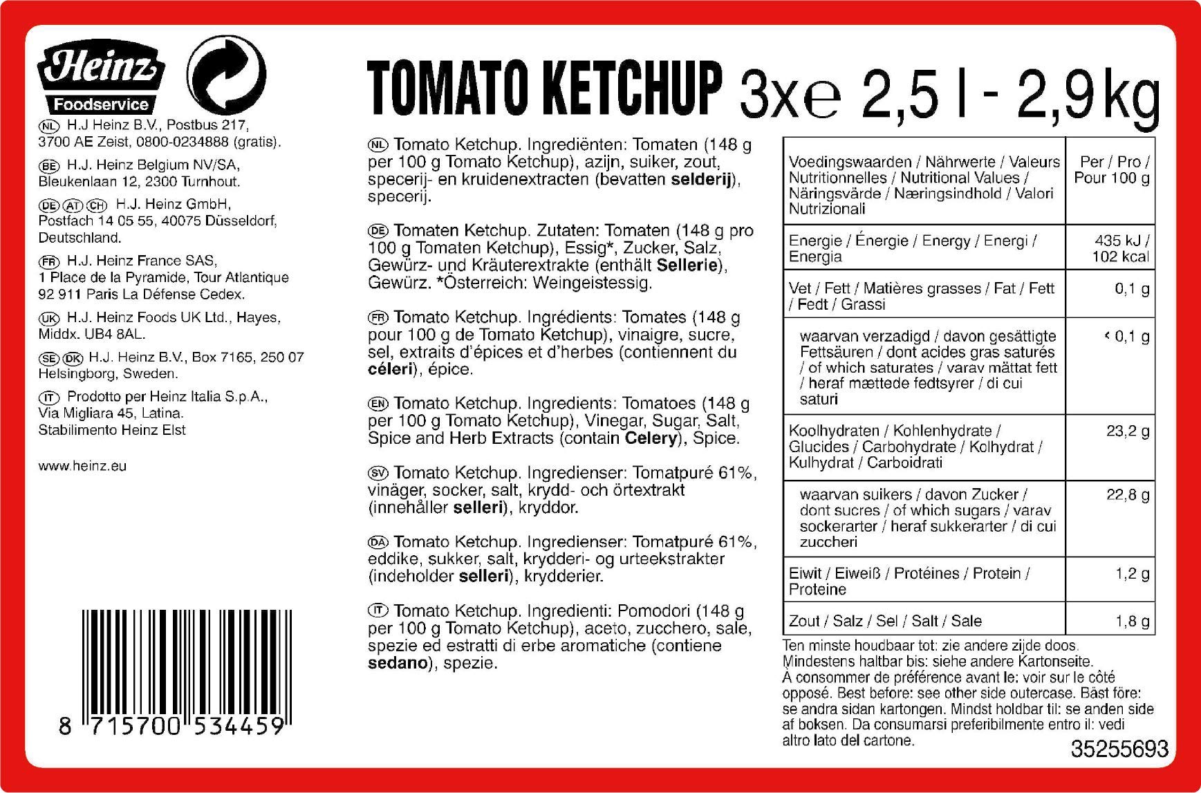 HEINZ Sachet de sauce tomate ketchup o mat, 3 X 2,5 litres
