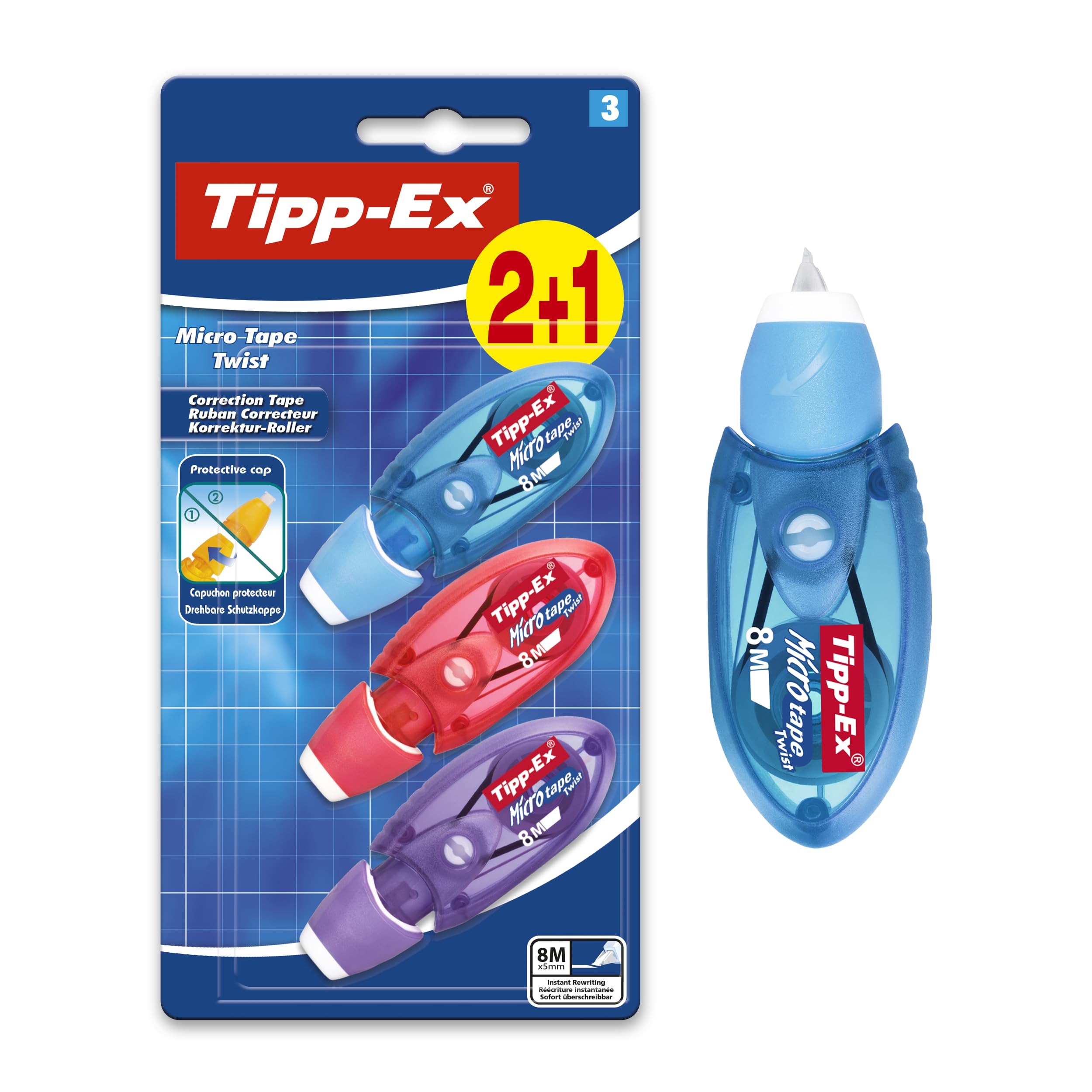 BIC Tipp-Ex Cinta Correctora de Bolígrafos, Óptimo para Material Escolar, Micro Tape Twist, 8m x 5mm, Con Cabezal Rotativo, Blíster de 3, Multicolor