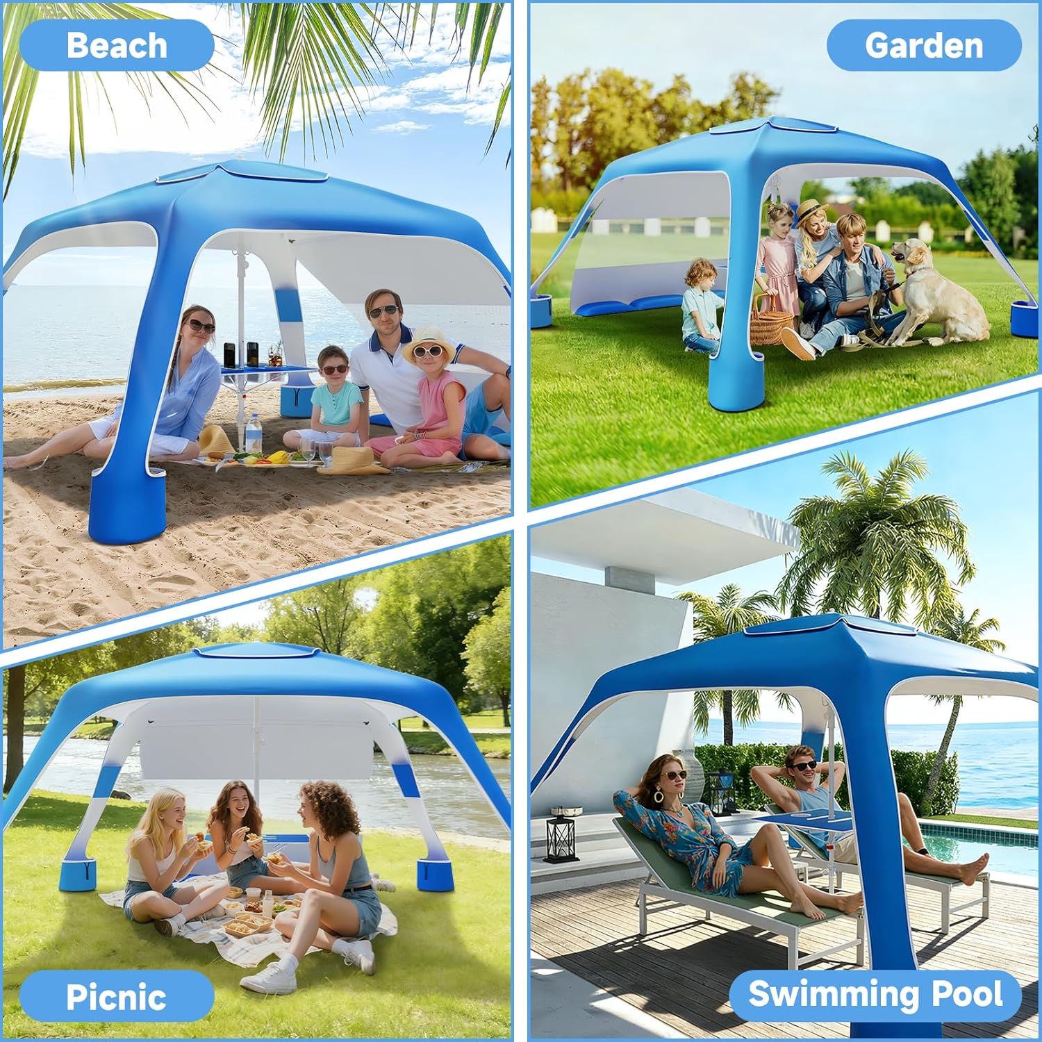 Beach Cabana, 6.5'×6.5' Beach Canopy with UPF50+ Protection, Beach Tent Sun Shelter, Sun Umbrella, Portable Shade Sun Shelter with Folding Table for Beach, Garden, Camping (Blue Gradient)