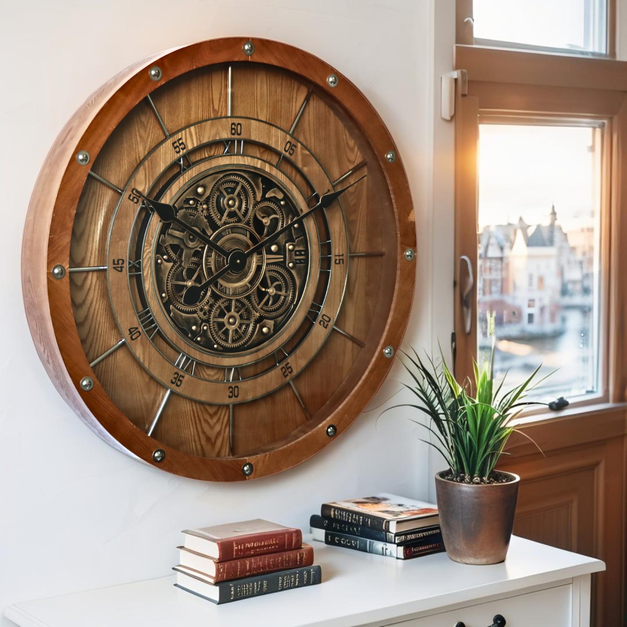THE GEARS CLOCK Reloj de pared de 32 pulgadas con mecanismo de movimiento real, línea francesa (marrón vintage, 80 cm)
