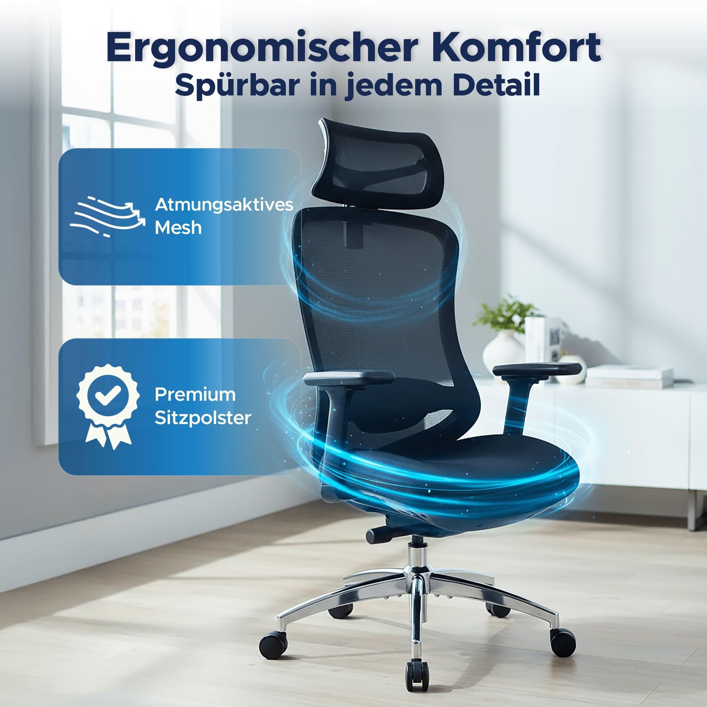 TITANO E5 | Ergonomischer Bürostuhl mit Neigungsfunktion, 4D-Armlehnen, Lendenwirbelstütze & Kopfstütze – Drehstuhl für Home Office & Büro | 150 kg Belastbar | Ergonomic Schreibtischstuhl