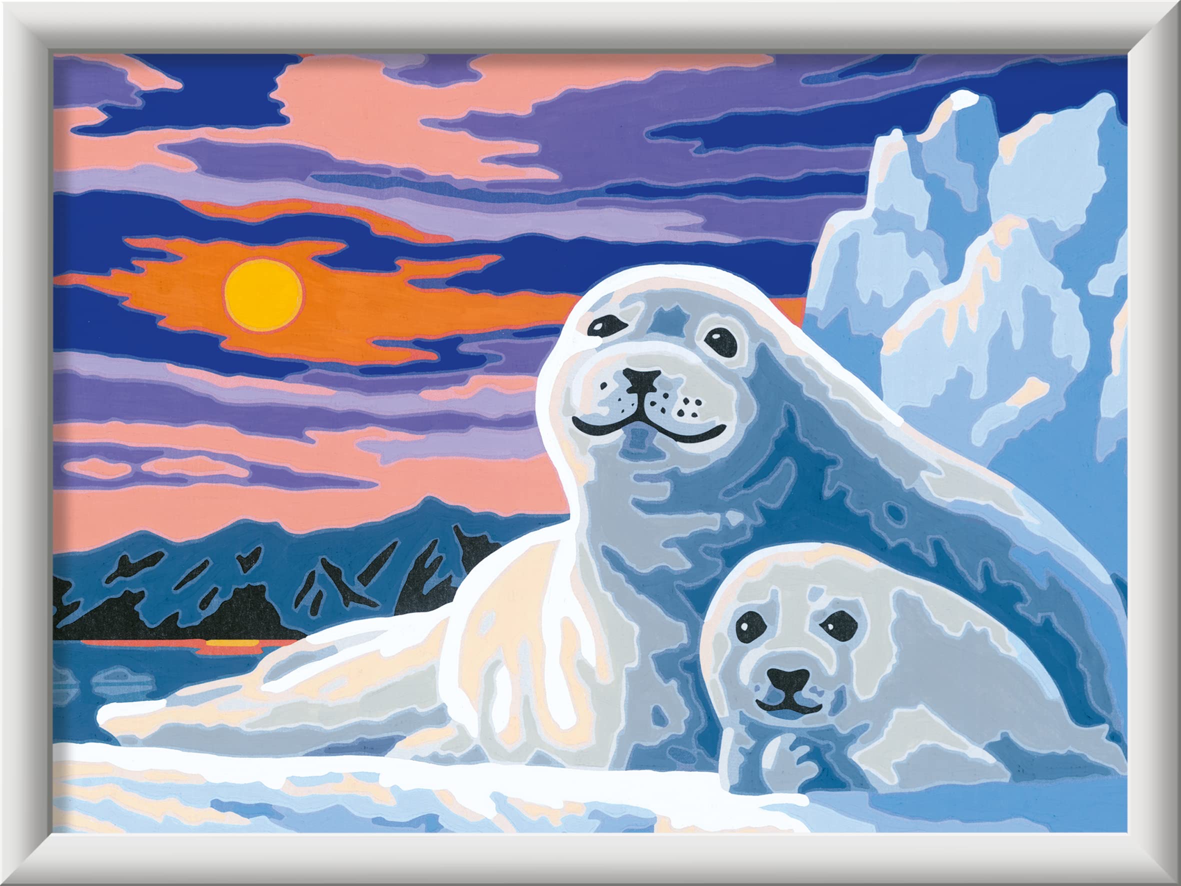 Ravensburger CreArt – Pintura Por Números "Focas Sobre Hielo" Para Niños +9 Años, Incluye Lienzo, Pinturas Acrílicas, Pincel Y Marco, Tamaño 24x18 Cm