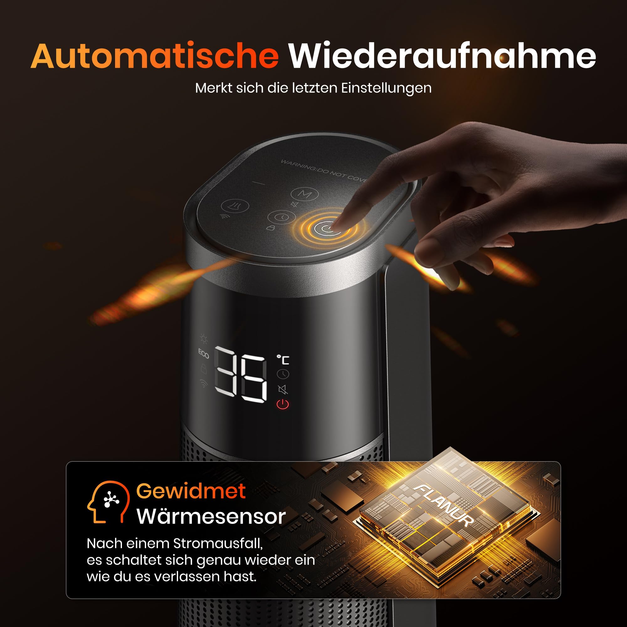 FLANUR Heizlüfter Energiesparend, 1500 W PTC Keramik Heizlüfter Leise, 74cm Elektroheizung mit Thermostat & Fernbedienung, ECO Modus, 70° Oszillation, 12h Timer, Überhitzungs-Kippschut, Black, 1Pack