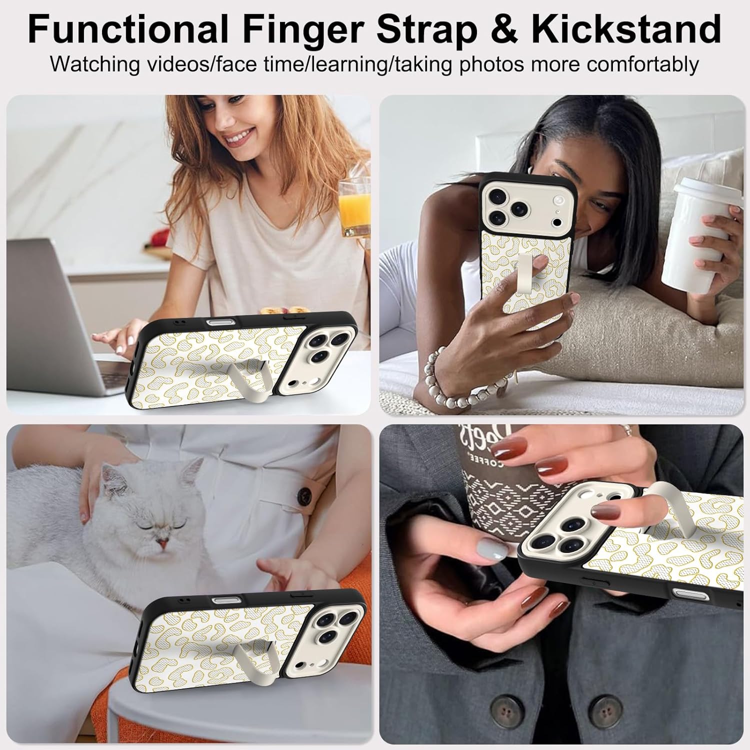 Compatible with iPhone 17 Pro Max Case with Finger Strap Stand, Trendy Glitter Leopard Print Phone Case for Women Men, Full Camera Protection Shockproof Protective Cover, White Leopard 2 - Image 5