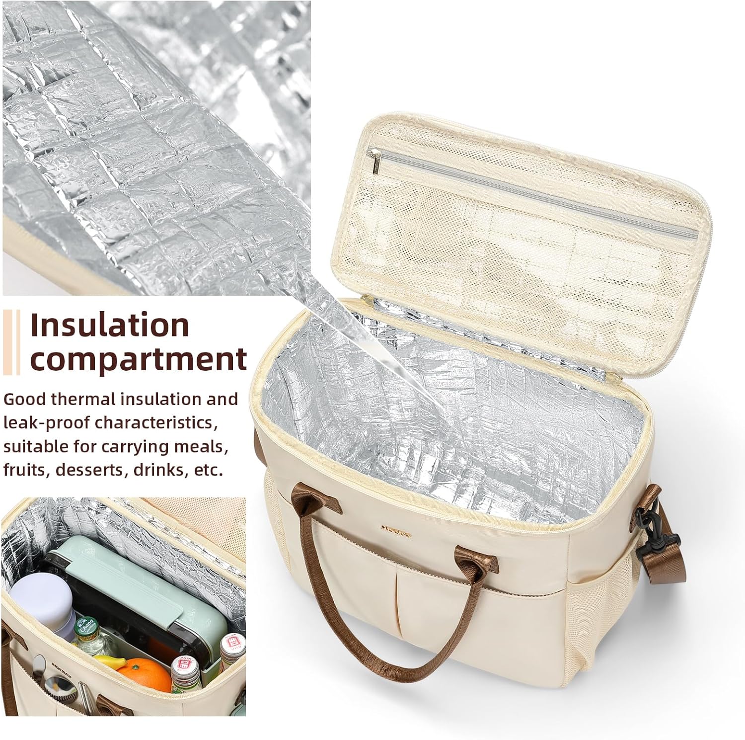 Large Insulated Lunch Bags for Women Men Adult Lunch Box with Shoulder Strap for Work,Picnics,Outings (Beige) - Image 4
