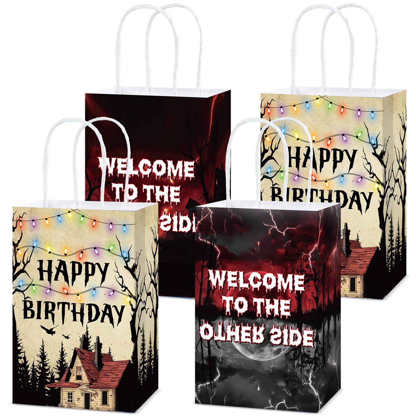12pcs Scary Retro House Paper Gift Bags Party Favors Spooky Forest Party Decorations Rustic Alphabet Paper Bags with Handle Colorful Light Bulbs Gifts Wrapping Supplies for Birthday Baby Shower