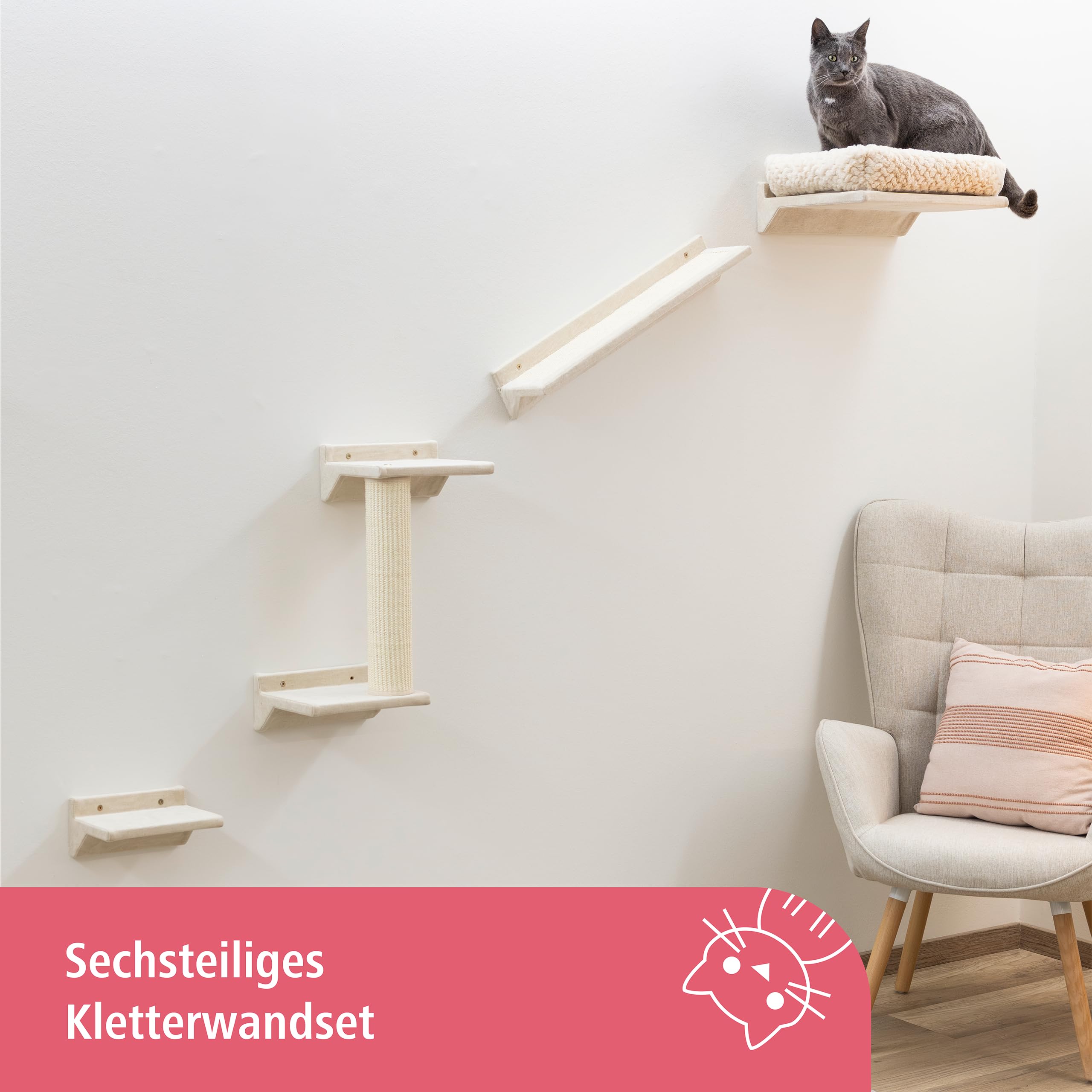 Kerbl Pet Parete da arrampicata Monte Prado, tiragraffi da parete, parete da arrampicata per gatti, tiragraffi da montare a parete, Cat Walk gatti, cuccia, sisal, beige
