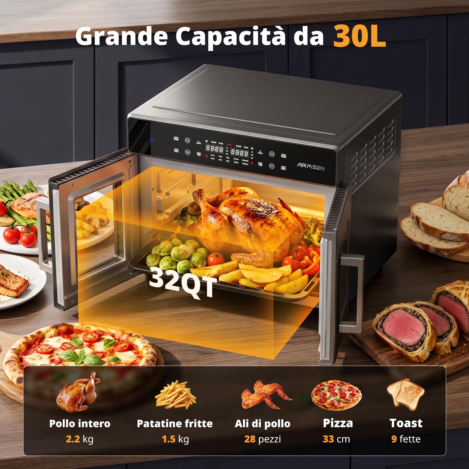 AIRMSEN Forno Friggitrice ad Aria Doppia Porta, 10-in-1 Multifunzione, 30L