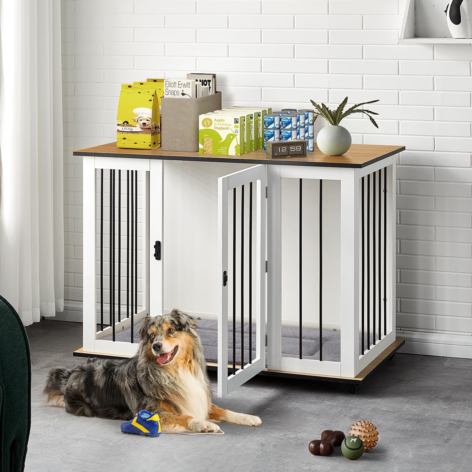 CLIPOP Dog Crate Wooden Indoor Pet Kennel for Dogs with Lockable Door and 5 Wheels, 42 Inch Furniture Style Animal Cage with Metal Frame for Medium/Large Dogs (60D x 106W x 86H)