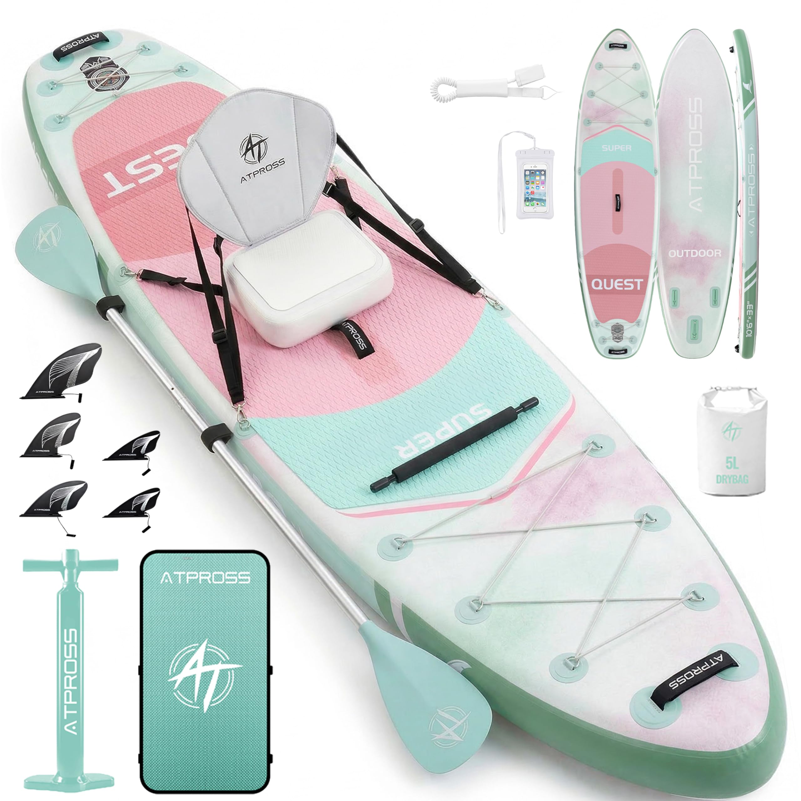 ATPROSS Tavola SUP Gonfiabile con Sedile Kayak e Accessori, 366x92cm Stand Up Paddle Extra Largo e Stabile, Portata 240kg, Canoa Gonfiabile 2 Posti per Yoga, Pesca e Surf