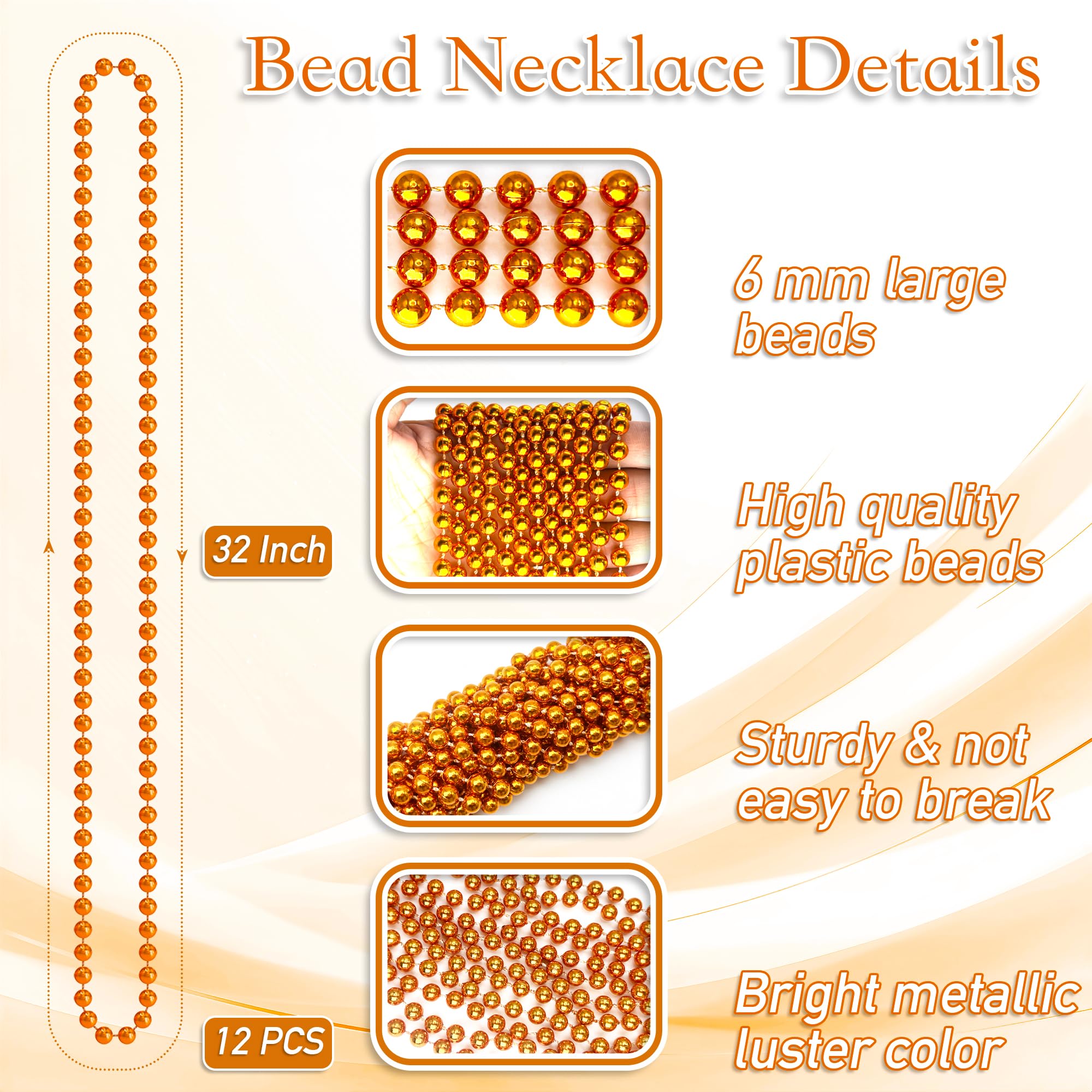 12 PCS Beaded Necklaces, Orange Mardi Gras Beads, 32