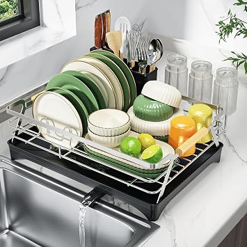 Epicano Dish Drying Rack for Kitchen Counter,Large Capacity,Silver | Raised Feet,Rustproof,Wooden Handle,Auto-Drainage System,Cup Holder & Knife Slots, Sink Storage Organizer