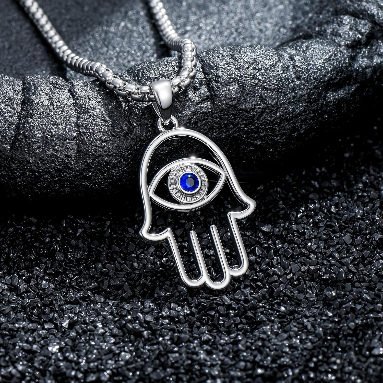 Hamsa Evil Eye Necklace 925 Sterling Silver Fatima Hamsa Pendant with Blue Cubic Zircona Luck Amulet Jewelry Gift for Men Women - Image 4